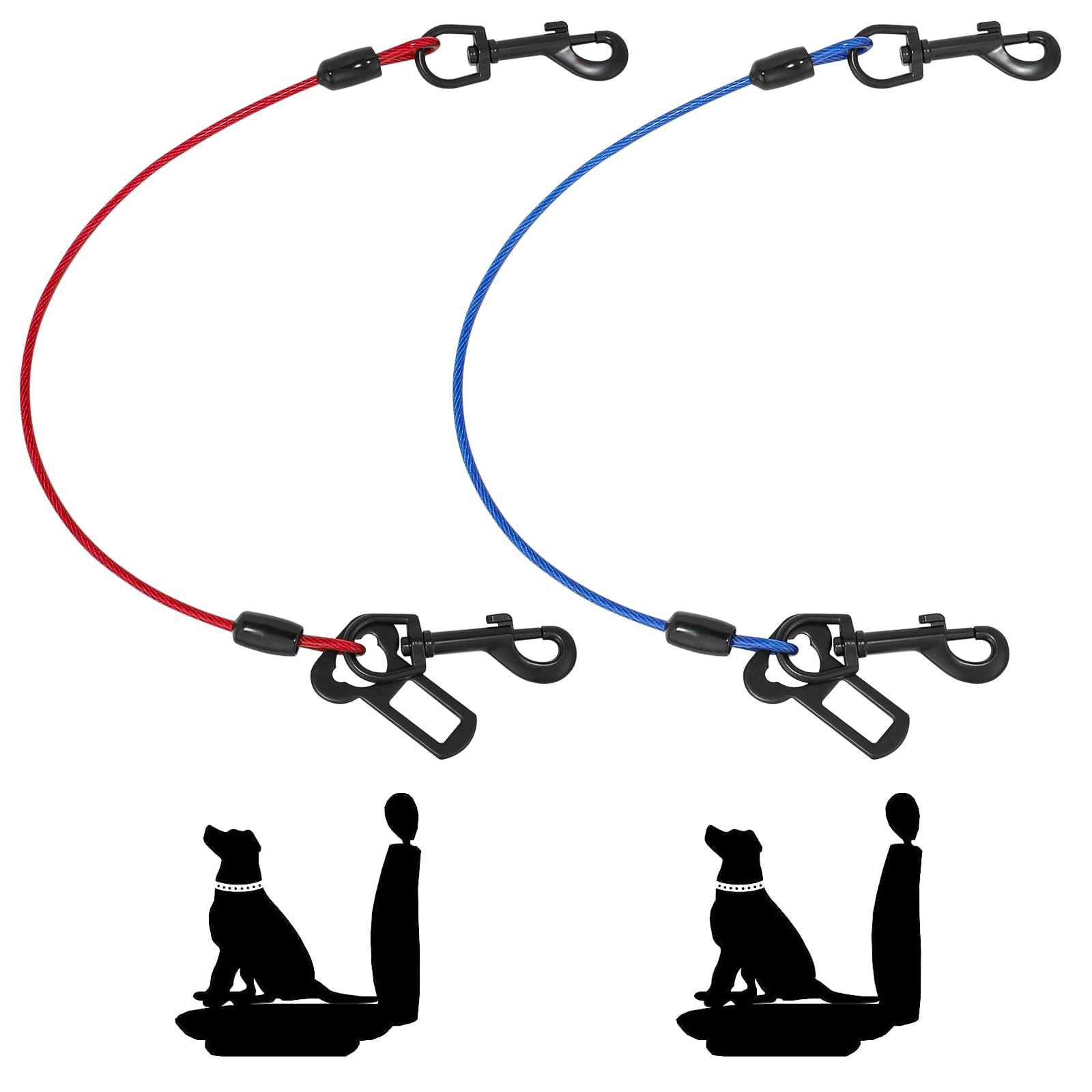 Dog Car Harnesses Dog Seatbelt of Coated Wire Leash Safety Restraint No Chew Tether Cable Vehicle Dog Accessories Double Clips & Latch Attachment (Red+Blue 32 inch/80 cm)