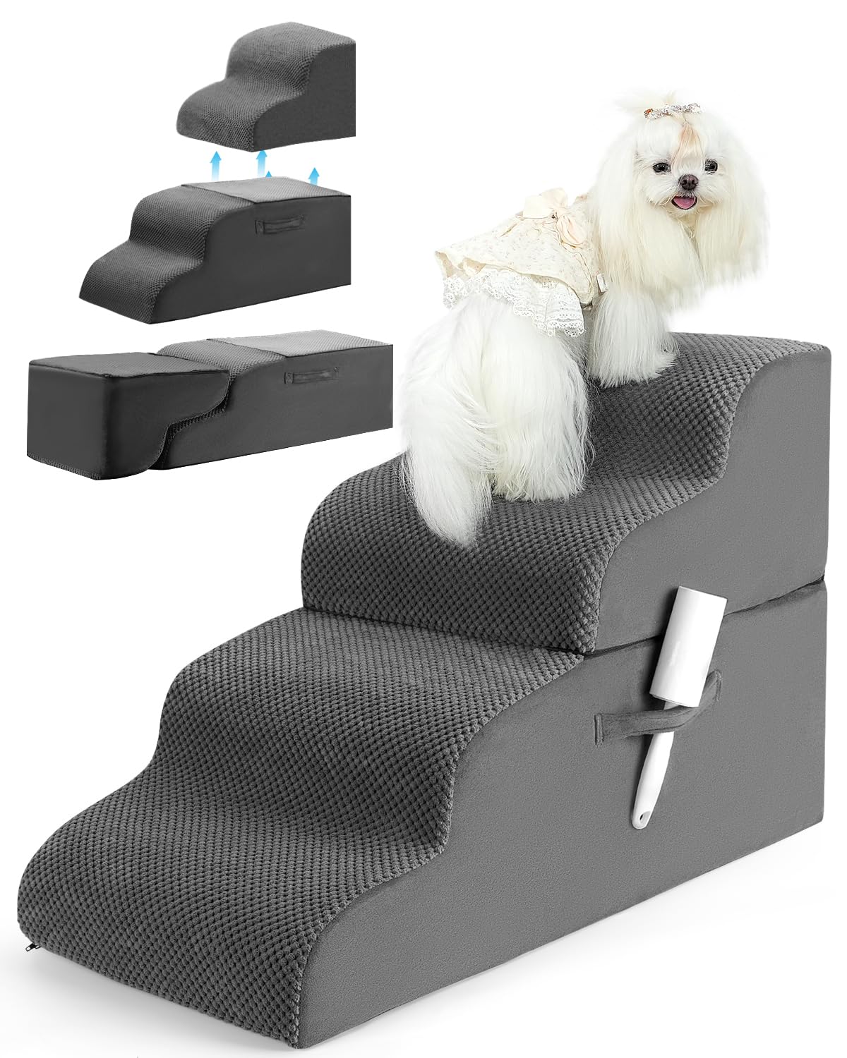 Dog Stairs，4-Tiers Steps Ramp High Bed and Couch Dog Ramp with Stable Non-Slip Fabric Cover Pet Stairs for Small Dogs and Cats or Pets JointsGPT GEN WRL-1 BJQ