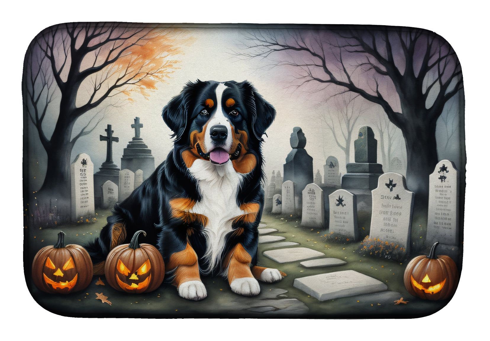 Bernese Mountain Dog Spooky Halloween Dish Drying Mat