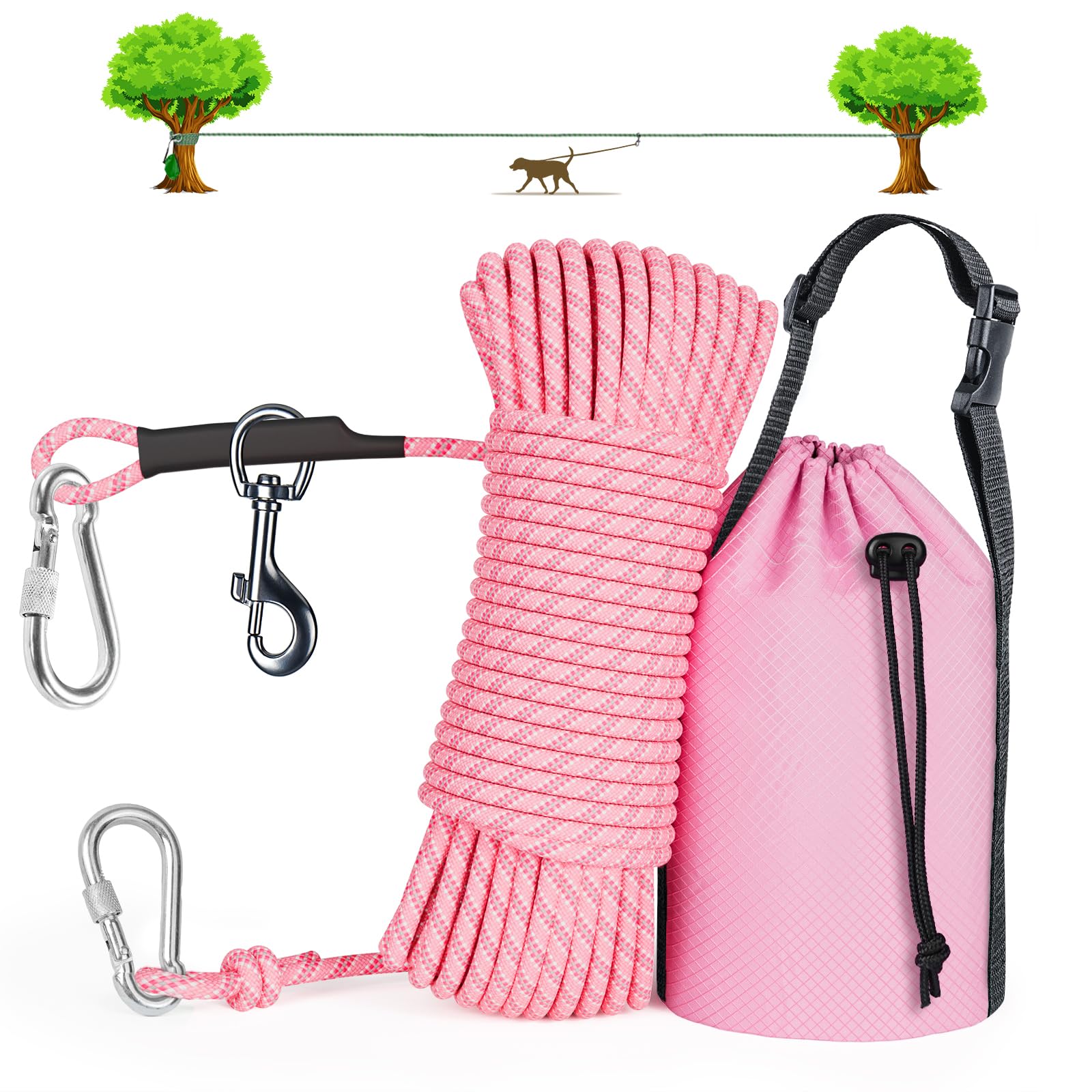 Tresbro Dog Camping Leash 50ft/75ft/100ft Dog Trolley System for Dogs up to 300lbs Portable Lightweight Dog Runner Lead for Yard Reflective Dog Tie Out Cable for Camping Courtyard Park Outside
