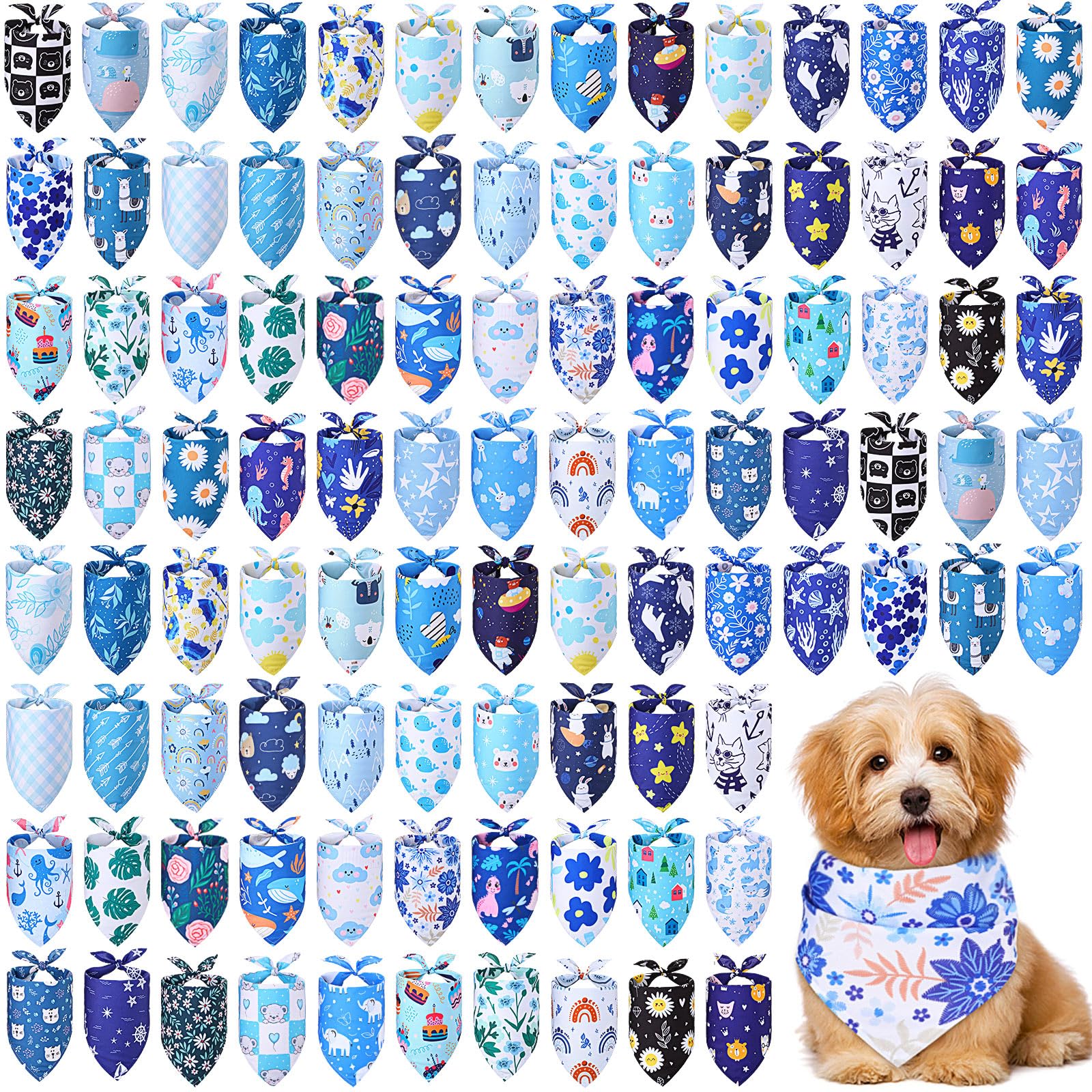 Amylove 100 Pcs Dog Bandana Bulk Summer Spring Puppy Dog Scarfs Bib Adjustable Washable Pets Triangle Head Bandana Pet Costume for Small Medium Dogs Puppy Cats Grooming Outfit Accessories (Assorted)