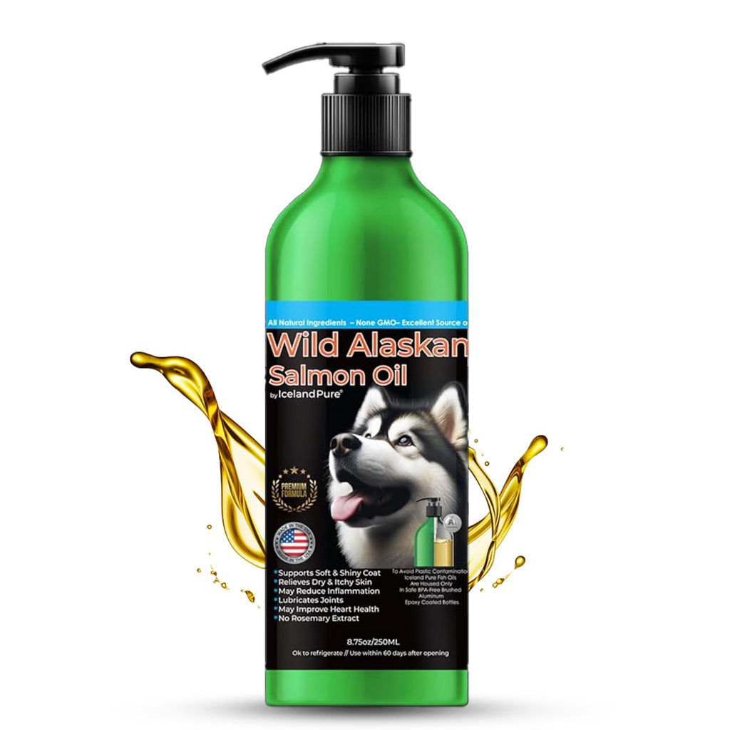 Wild Alaskan Salmon Oil for Dogs and Cats by Iceland Pure | 1043 mg of Omega-3 per Teaspoon | Salmon Oil & Pollock Blend | BPA-Free Brushed Aluminum Epoxy Coated Bottle with Pump - 8.75 oz