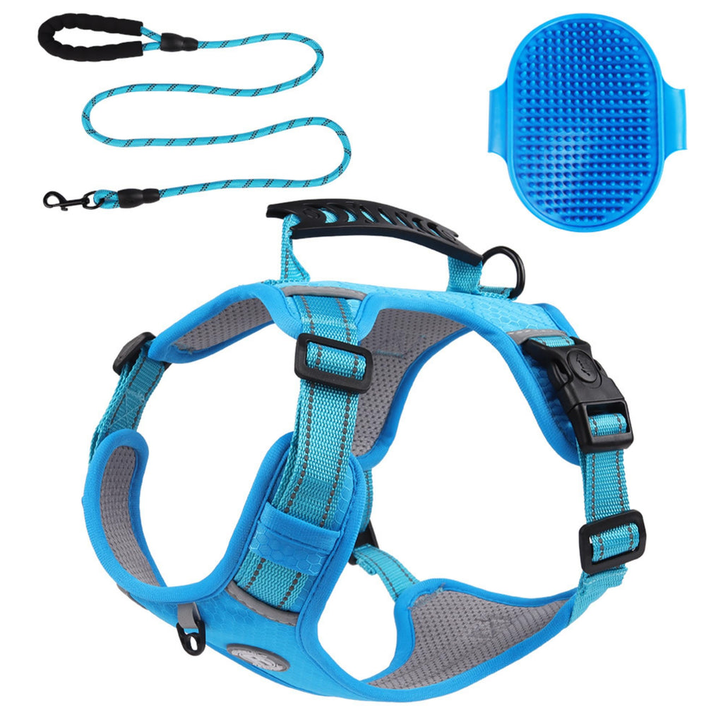 [3 in 1] Heavy Duty Dog Harness No-Pull Reflective Tough Trim Harness for Small Medium & Large Dogs - Military Grade Nylon 2 Leash Clips & Handle with Padded Leash and Brush (Blue Small)