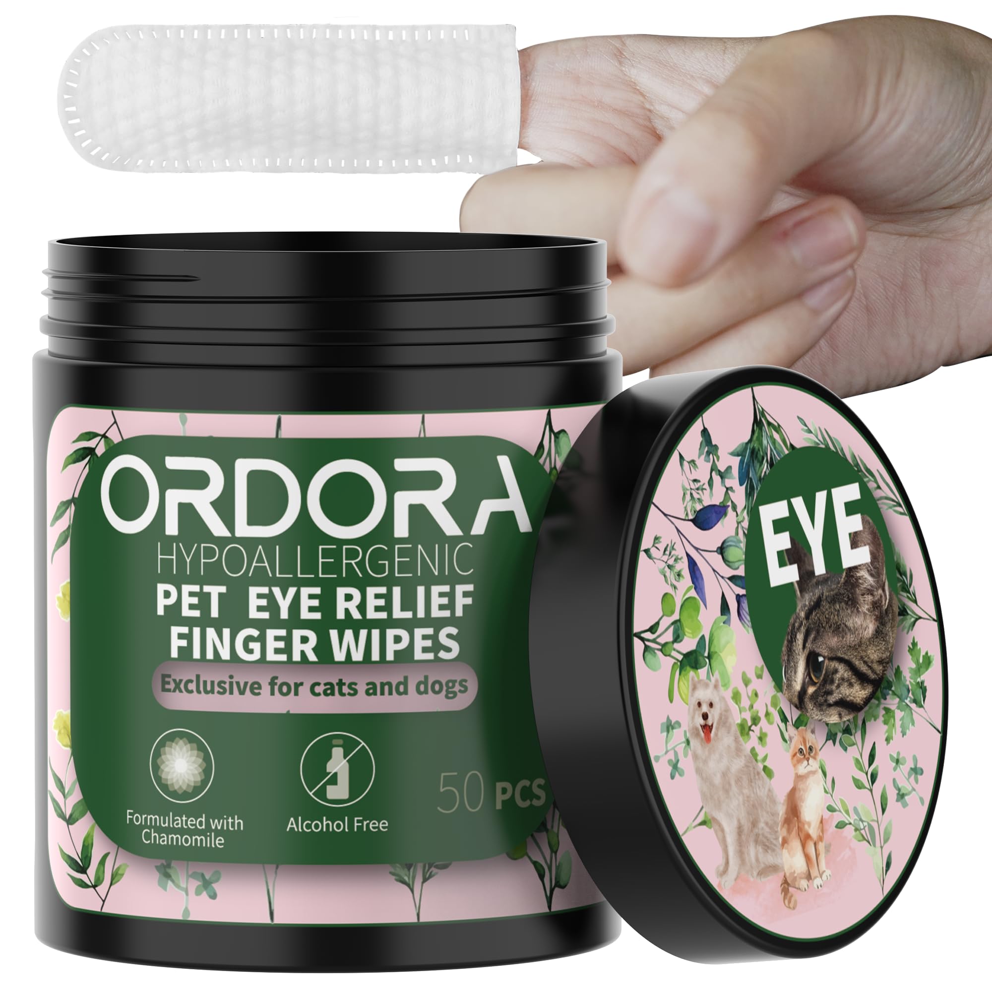 ORDORA PET Eyes Wipes for Dogs & Cats - Remove Tear Stain Eye Debris Discharge Mucus Secretions - Chamomile Pet Cleaning Grooming Deodorizing Wipes for Eyes Face - 50 Count