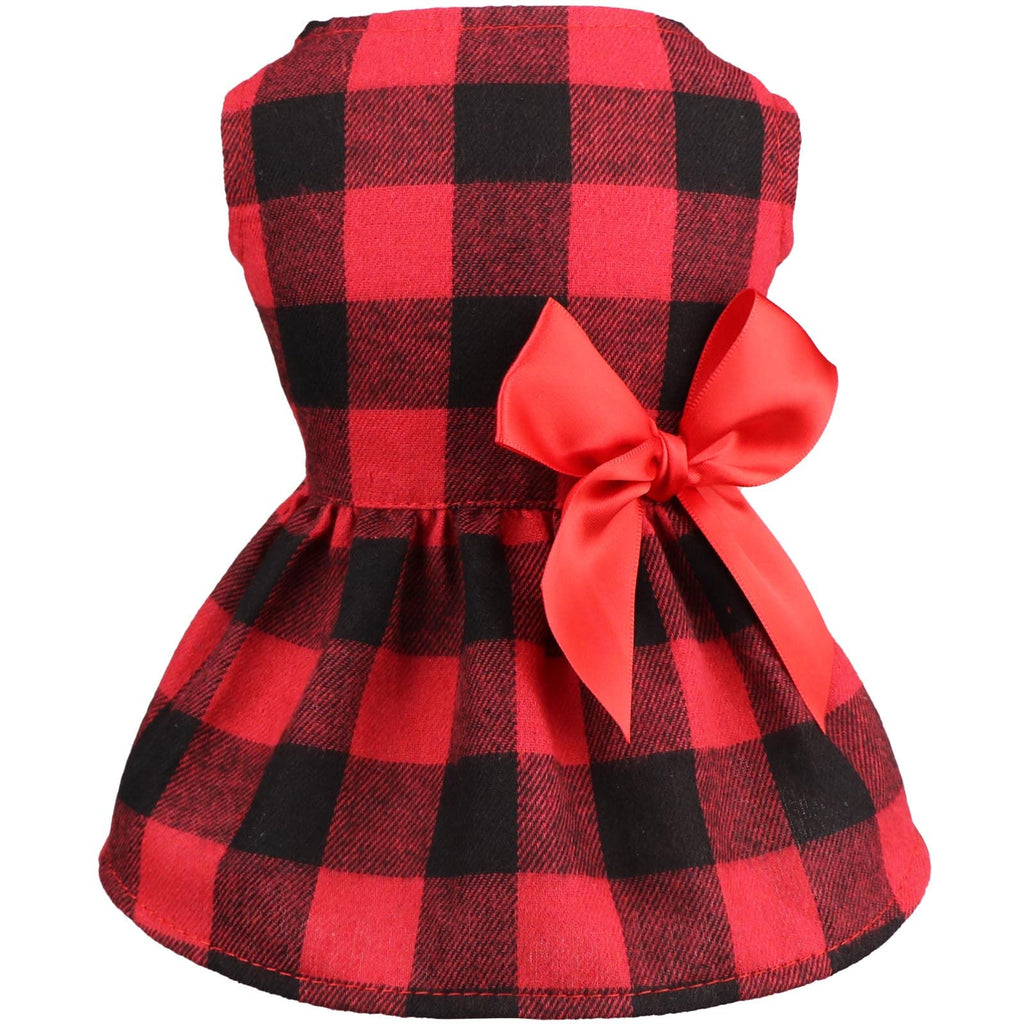 Buffalo Plaid Dog Dresses Cute Bowtie Dog Clothes Cotton Soft Dog Christmas Outfit Dog Costume for Small Dogs Cat Apparel (S)