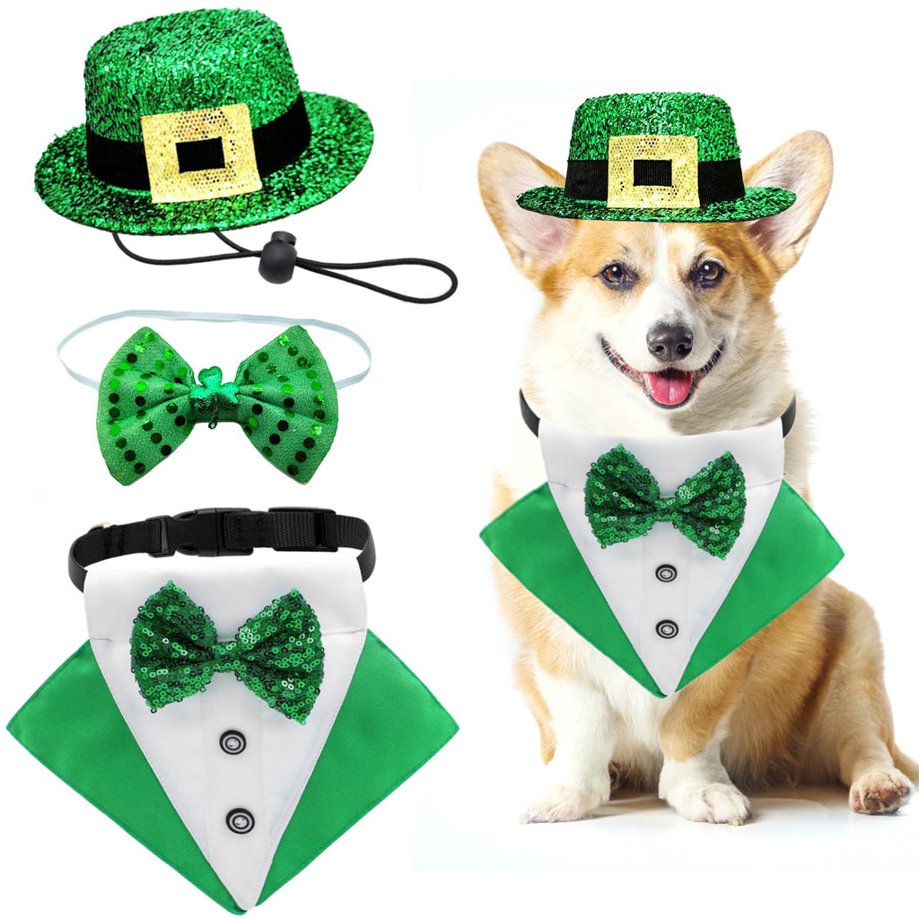 St.Patricks Day Dog Costume 3Pack Puppy Bandana Top Hat Green Shamrock Bow Tie Collar Adjustable Pet Scarf Formal Tux Clothes Irish Tuxedo Outfits for Dogs Cat Dress (3Pcs Irish Hat Tux Bow Small)