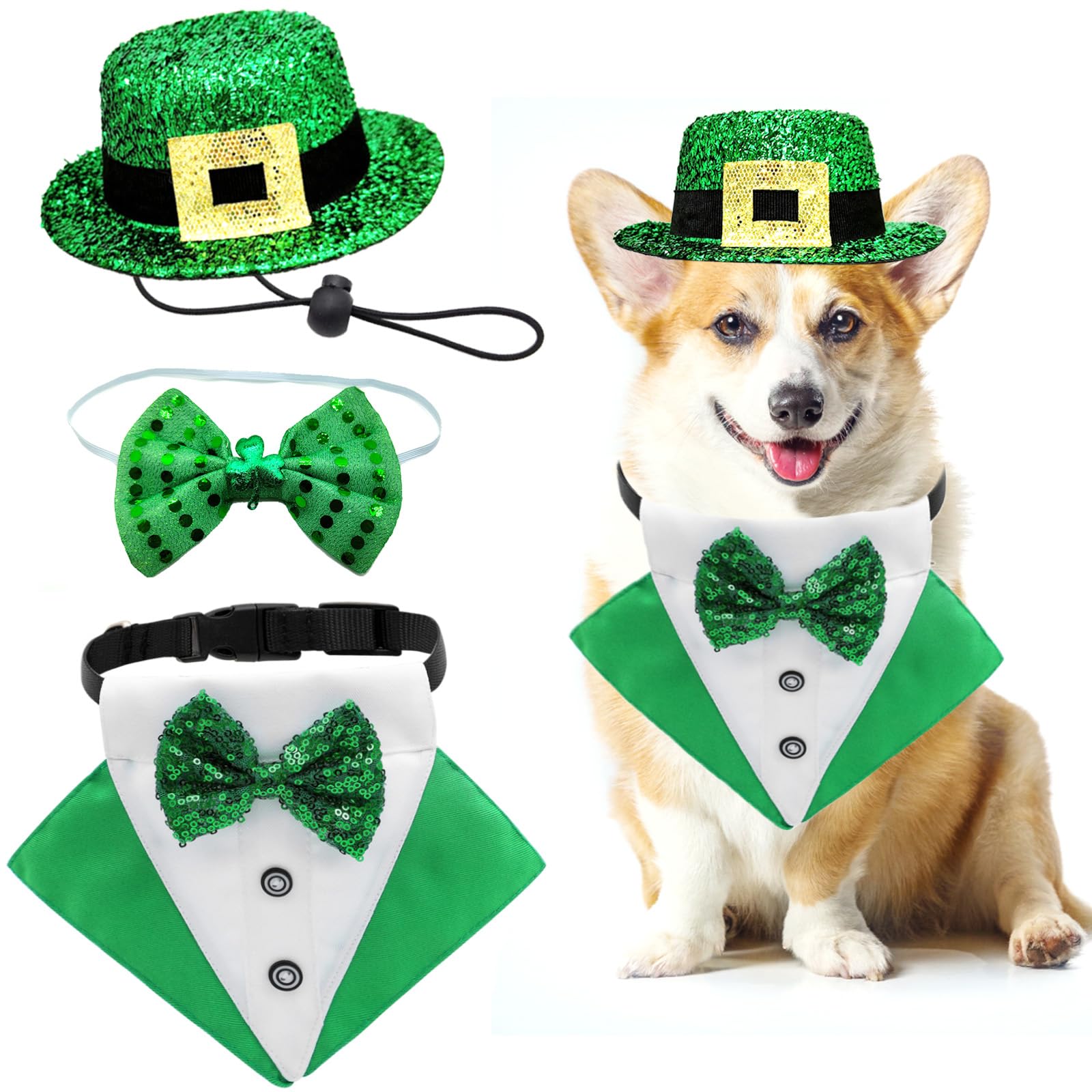 St.Patricks Day Dog Costume 3Pack Puppy Bandana Top Hat Green Shamrock Bow Tie Collar Adjustable Pet Scarf Formal Tux Clothes Irish Tuxedo Outfits for Dogs Cat Dress (3Pcs Irish Hat Tux Bow Small)