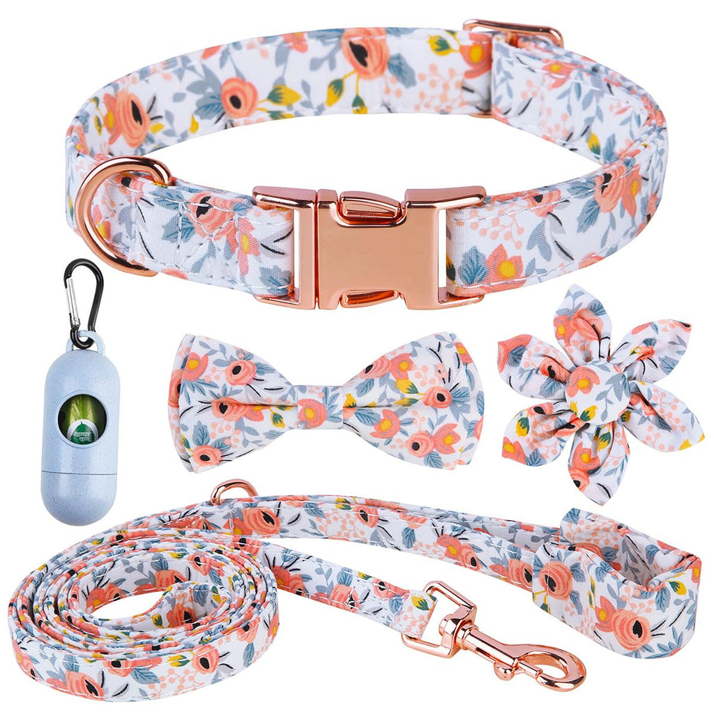 Girl Dog Collar and Leash Set with Removable Flower and Bow Tie Adjustable Collar with Strong Metal Buckle for Small Medium Large Female Dogs A Poop Bag Dispenser Included (Small Orange Flower)