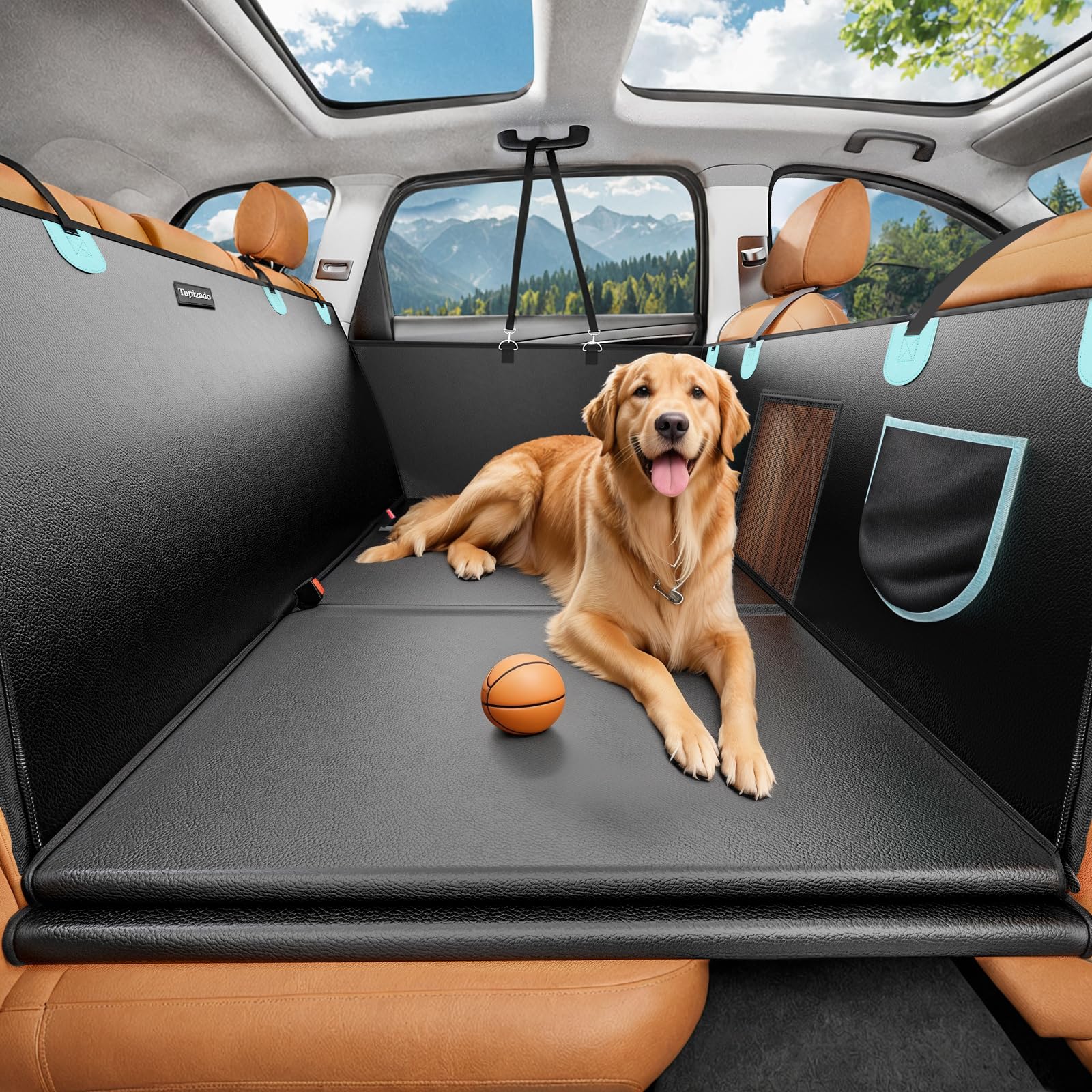 Tapizado Back Seat Extender for Dogs with PU Leather Detachable Hard Bottom Car Seat Cover for Dogs Holds 400lbs Large Space Backseat Extender for Dogs Dog Hammock for Truck with Mesh Window