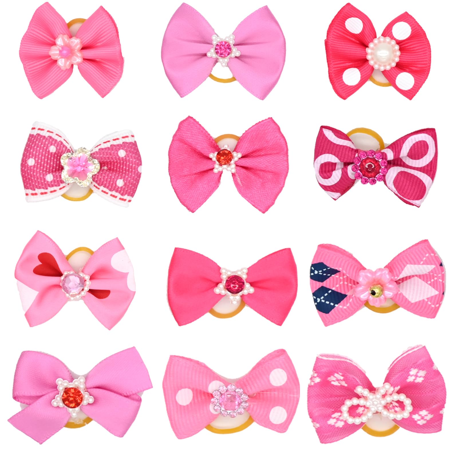 Yaure Joy 12 Pcs Small Dog Hair Bows with Rubber Bands Bowknot Dog Hair Accessories for Puppy Kitten (Pink)