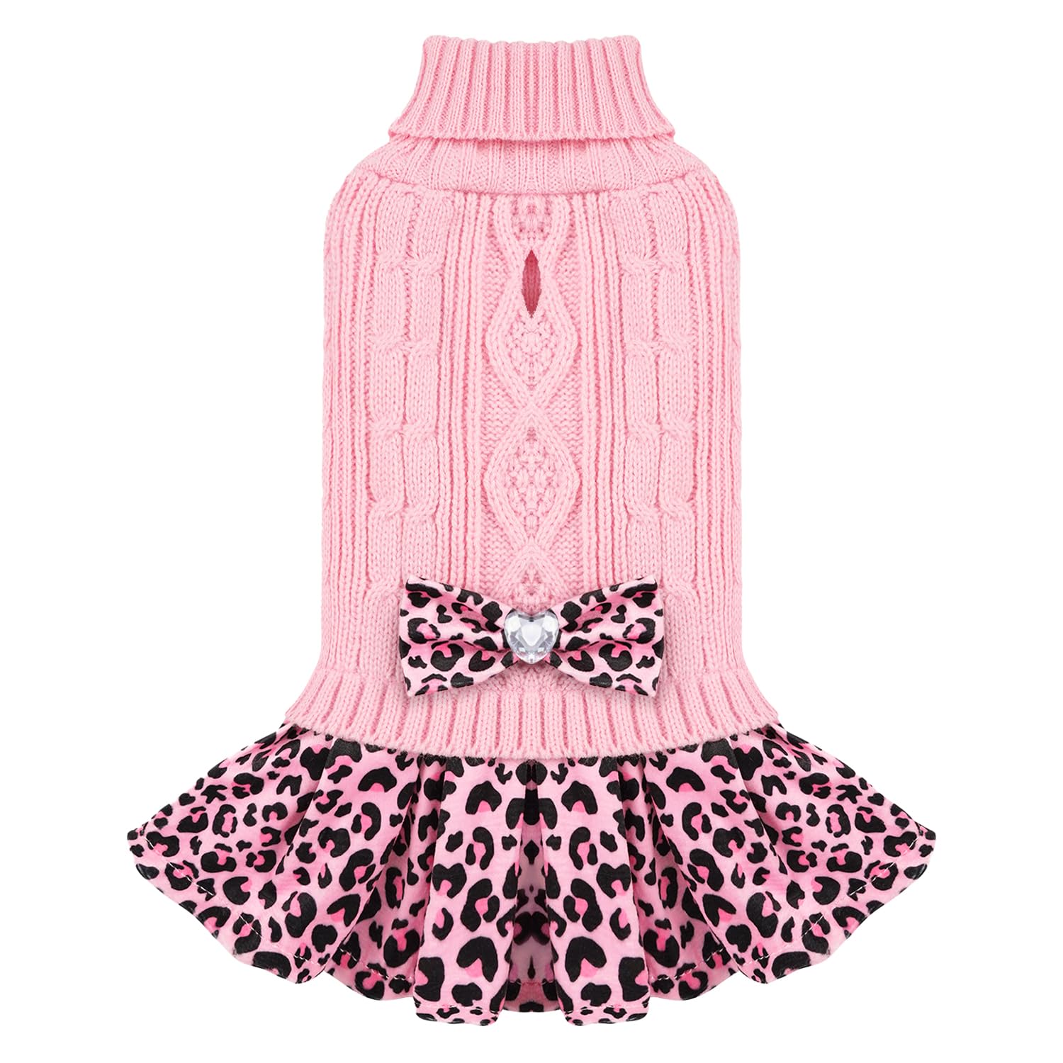 WOYYHO Dog Sweater Stretchy Pullover Small Dog Sweater Comfy Turtleneck Dog Sweater for Small Dog Warm Puppy Sweater with Bowtie Soft Knitwear Dog Sweater Dress (S Pink Leopard)