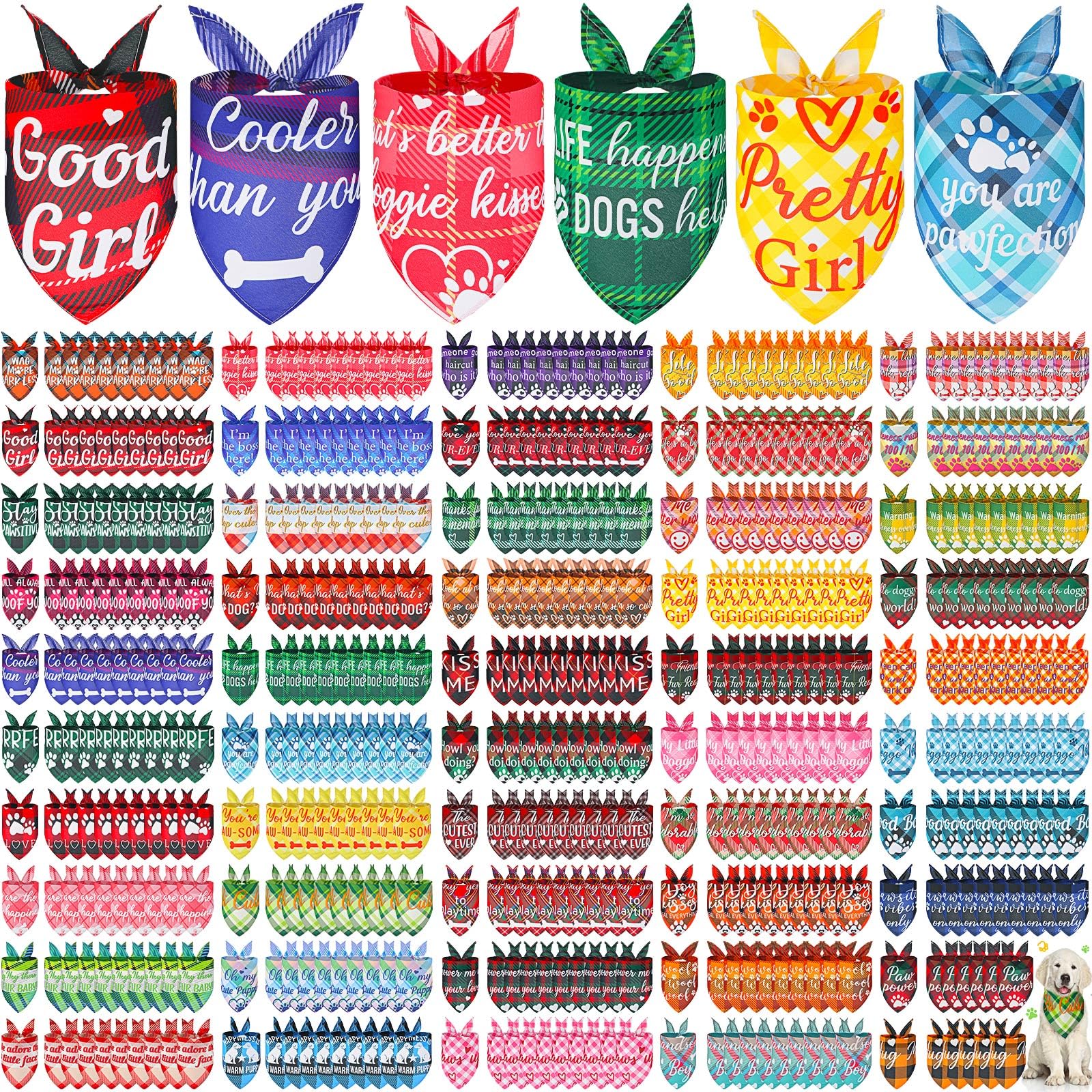 Buryeah 500 Pcs Plaid Dog Bandanas Bulk for Groomers Pet Scarfs Puppies Bibs with Cute Sayings Adjustable Washable Pet Costume Dog Accessories for Small to Large Dogs Cats (Classic Plaid)