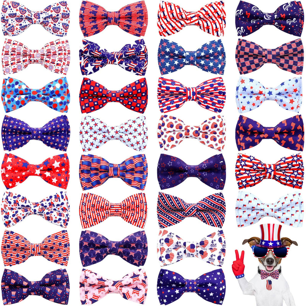 Sumind 30 Pcs 4th of July Dog Bows Ties Patriotic Collar Star Bows Bow Ties Attachment with Elastic Bands Independence Day Dog Collar Detachable Charms for Dogs Pet Collar Accessories
