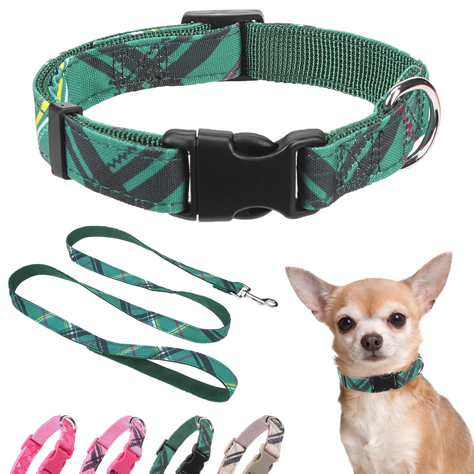 DILLYBUD Small Dog Collar and Leash Set Dog Collars for Puppy Medium Dogs Adjustable Pet Collar for Doggie XS S M Breed Boys or Girls Chihuahua Yorki Bulldog 5FT Nylon Dog LeashGreen XS