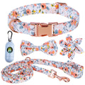 Girl Dog Collar and Leash Set with Removable Flower and Bow Tie Adjustable Collar with Strong Metal Buckle for Small Medium Large Female Dogs A Poop Bag Dispenser Included (Small Orange Flower)