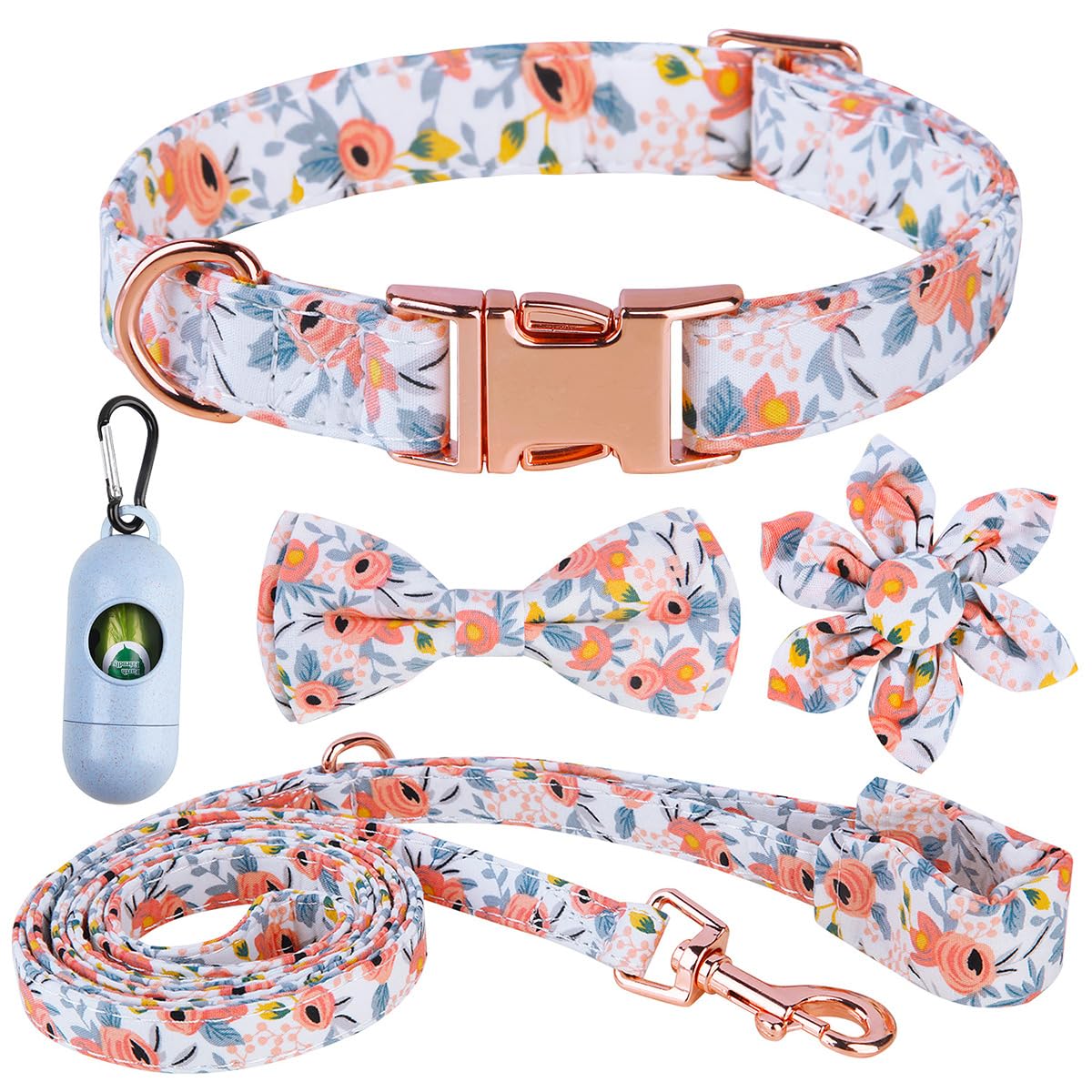 Girl Dog Collar and Leash Set with Removable Flower and Bow Tie Adjustable Collar with Strong Metal Buckle for Small Medium Large Female Dogs A Poop Bag Dispenser Included (Small Orange Flower)