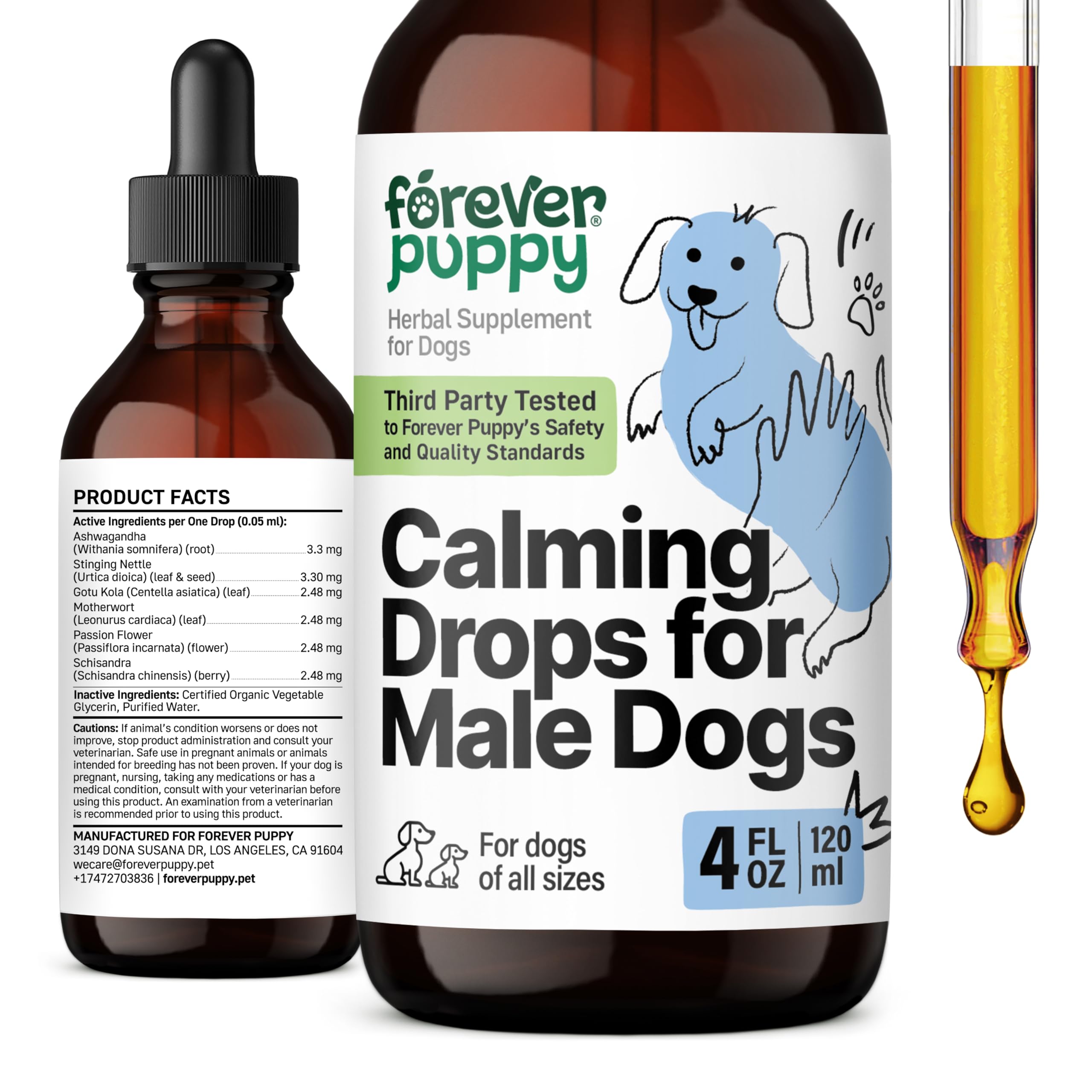 Calming Drops for Male Dogs - Liquid Ashwagandha for Dogs of All Breeds & Sizes - Composure & Relaxation Supplements for Male Pets - Herbal Alternative to Calming Chews for Dogs - Happy Pet Care 4 oz