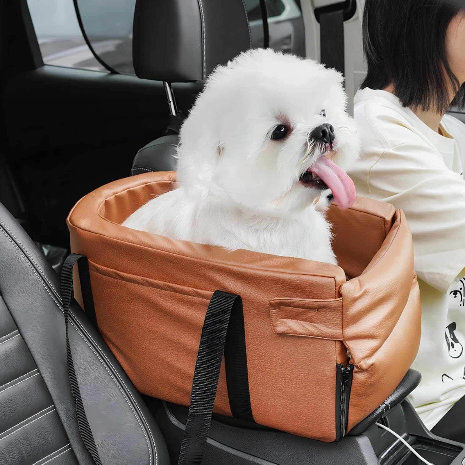 Anti-Scratch Center Console Dog Car Seat Washable Dog Car Carrier with Safety Hook and Pockets Portable Cat Carseat Dog Car Seats for Small Medium Dogs Cats Up to 15 LBS (Brown Medium)