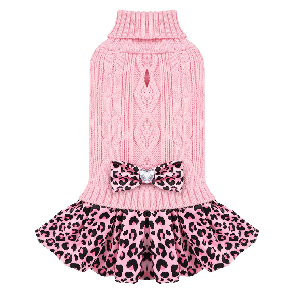 WOYYHO Dog Sweater Stretchy Pullover Small Dog Sweater Comfy Turtleneck Dog Sweater for Small Dog Warm Puppy Sweater with Bowtie Soft Knitwear Dog Sweater Dress (S Pink Leopard)