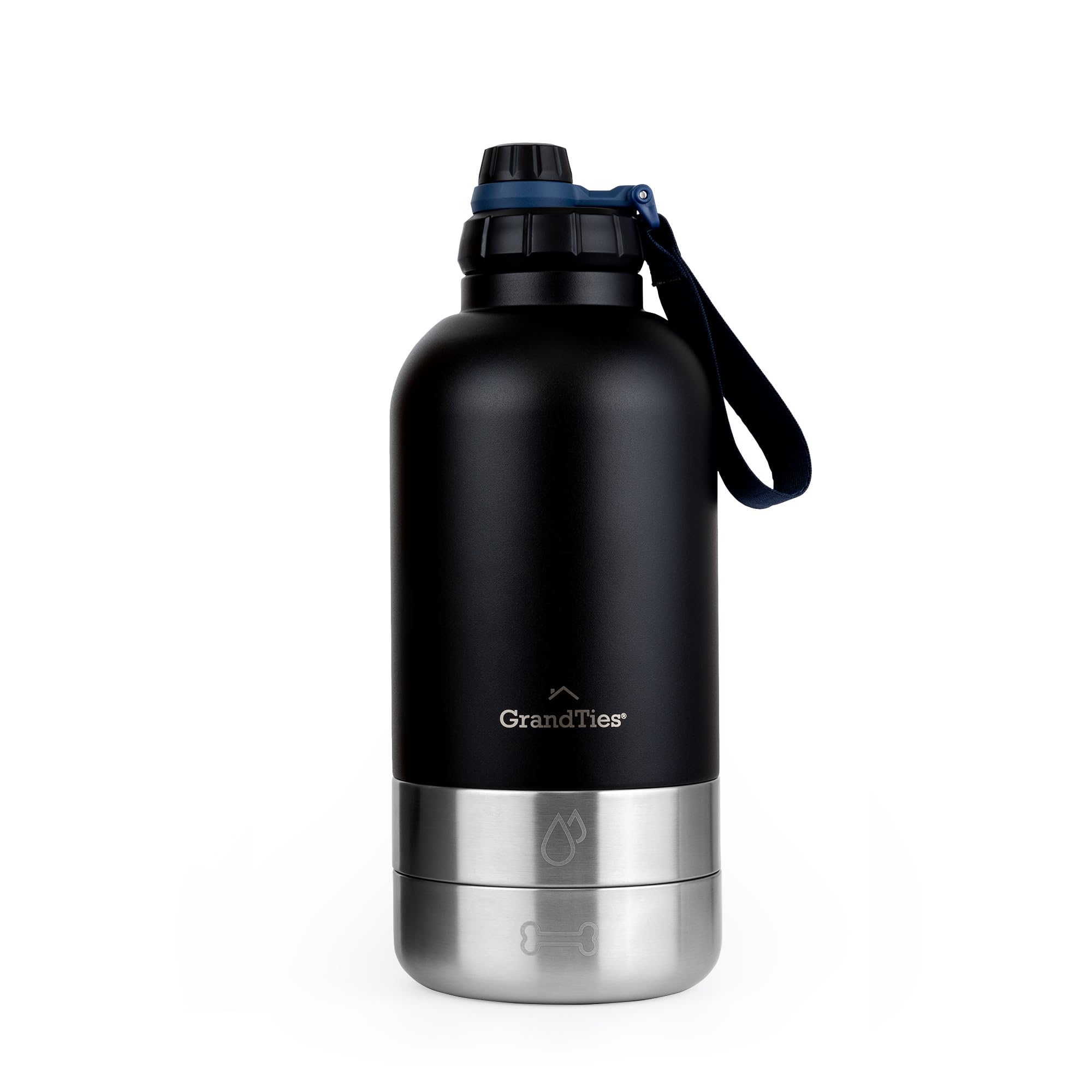 GrandTies Insulated Portable Dog Water Bottle with 2 Detachable Dog Water Bowl Dispenser | Leak-Proof Dog Food Travel Container | Dog Accessories for Dogs Walking Hiking Camping (64oz Matte Black)