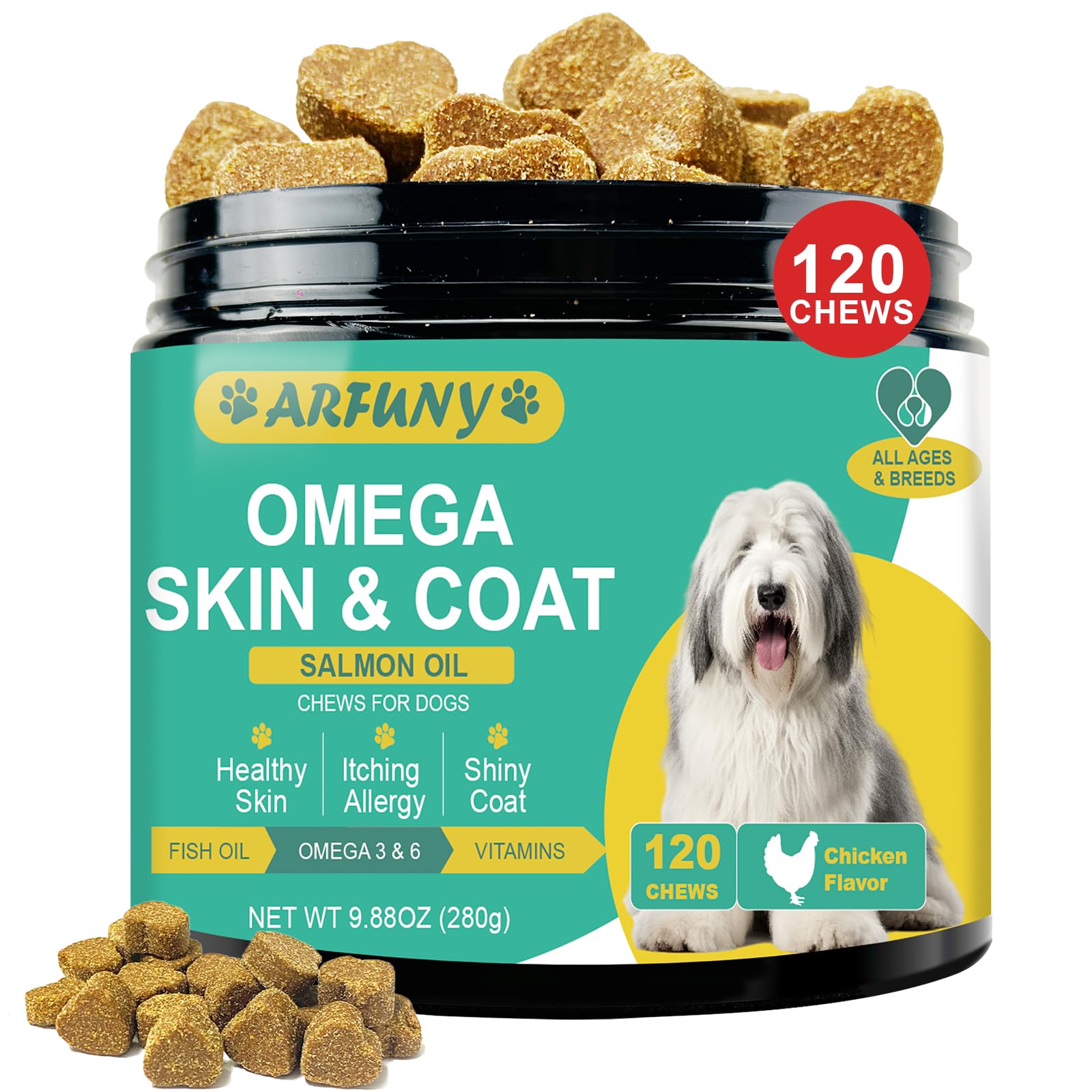 Skin and Coat Chews for Dogs - Omega 3 Supplement for Dogs with EPA & DHA Fatty Acids- Fish Oil Chews for Dogs with Salmon Oil & Vitamins - Dog Itchy Dry & Shedding Skin Relief- Chicken 120 Chews