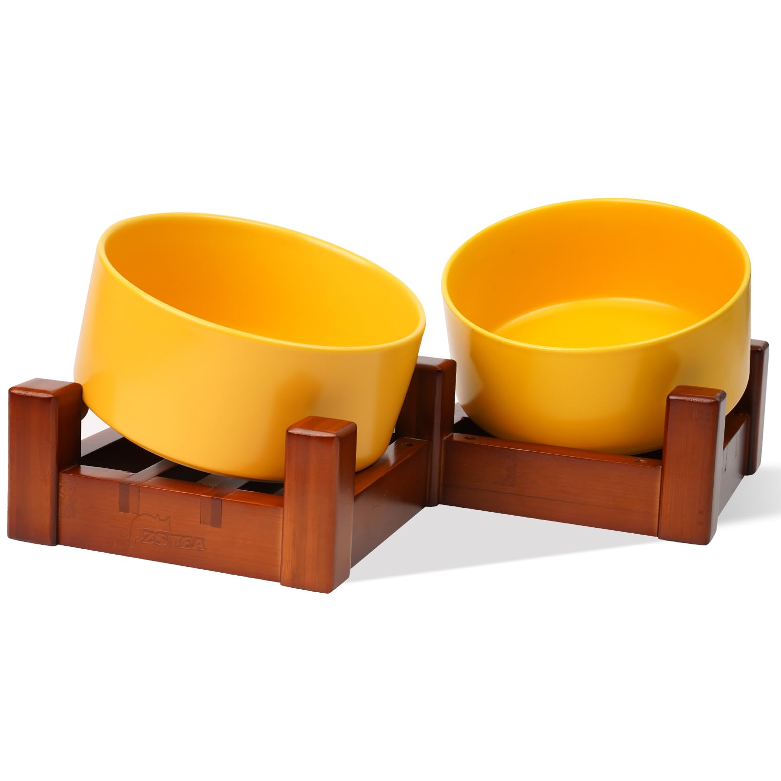 Ceramic Dog Cat Bowls Elevated with Bamboo Stand ZSTea 15° Tilted Dog Cat Food and Water Bowl Stand Nonslip Raised Pet Bowls for Small Medium Dogs - 3.5 Cups 28oz (Brown Yellow Bowls)
