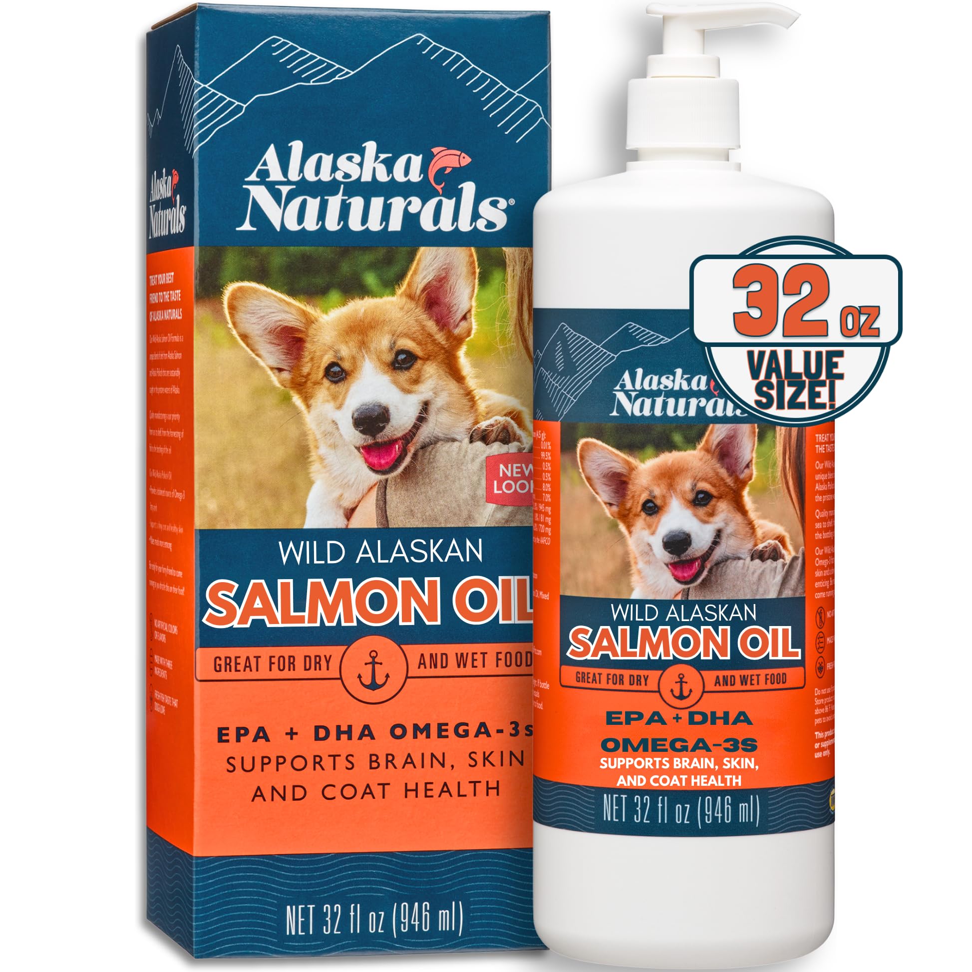 Alaska Naturals Wild Alaskan Salmon Fish Oil for Dogs Skin and Coat – EPA + DHA Omega 3 Oil - Fatty Acids Dog Supplements - Fur Coat and Brain Health - Natural Liquid Food Topper – 32 oz. Pump