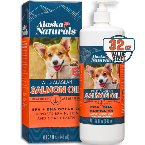 Alaska Naturals Wild Alaskan Salmon Fish Oil for Dogs Skin and Coat – EPA + DHA Omega 3 Oil - Fatty Acids Dog Supplements - Fur Coat and Brain Health - Natural Liquid Food Topper – 32 oz. Pump