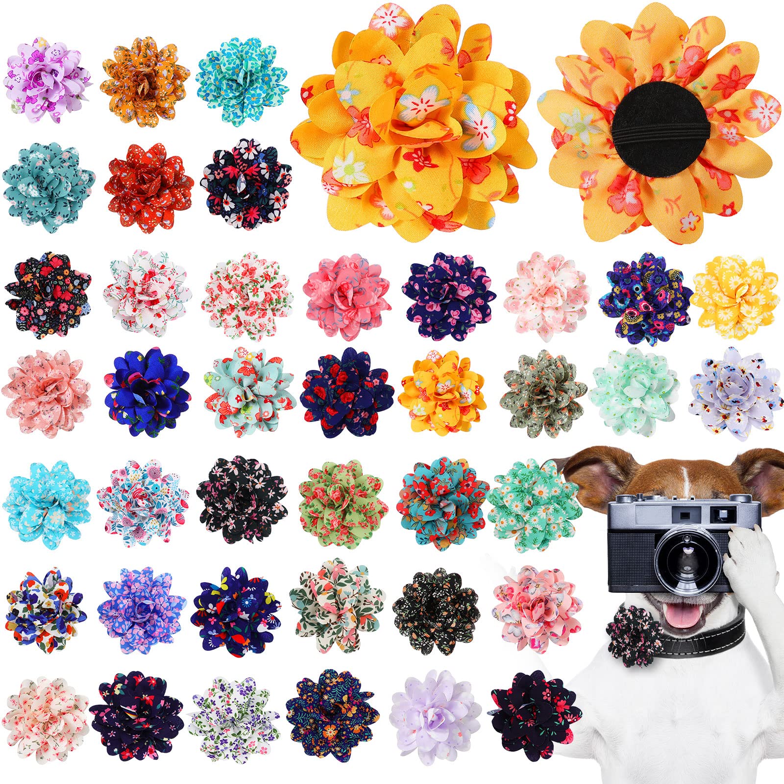 Sanwuta 80 Pieces Spring Dog Flowers Bulk Floral Dog Collar Flowers Bow Ties Holiday Dog Accessories Grooming Supplies Puppy Bows Slides Attachment for Small Medium Large Dogs Cat