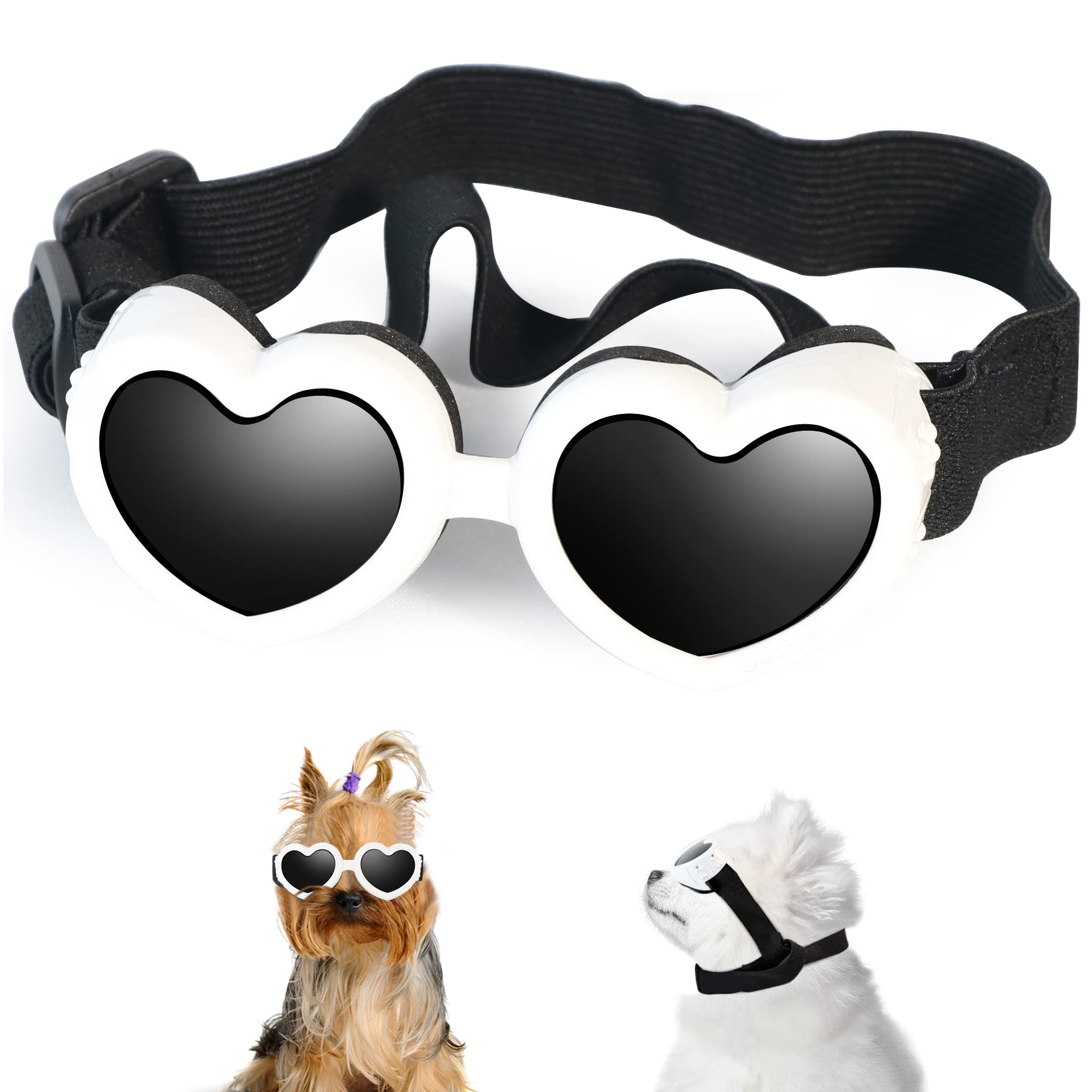 IKUSO Dog Sunglasses Small BreedUV Protection Dog Sunglasses with Adjustable Strap Heart Dog Goggles for Waterproof Windproof Anti-Fog Eye ProtectionBeach Accessories for Puppy (White)