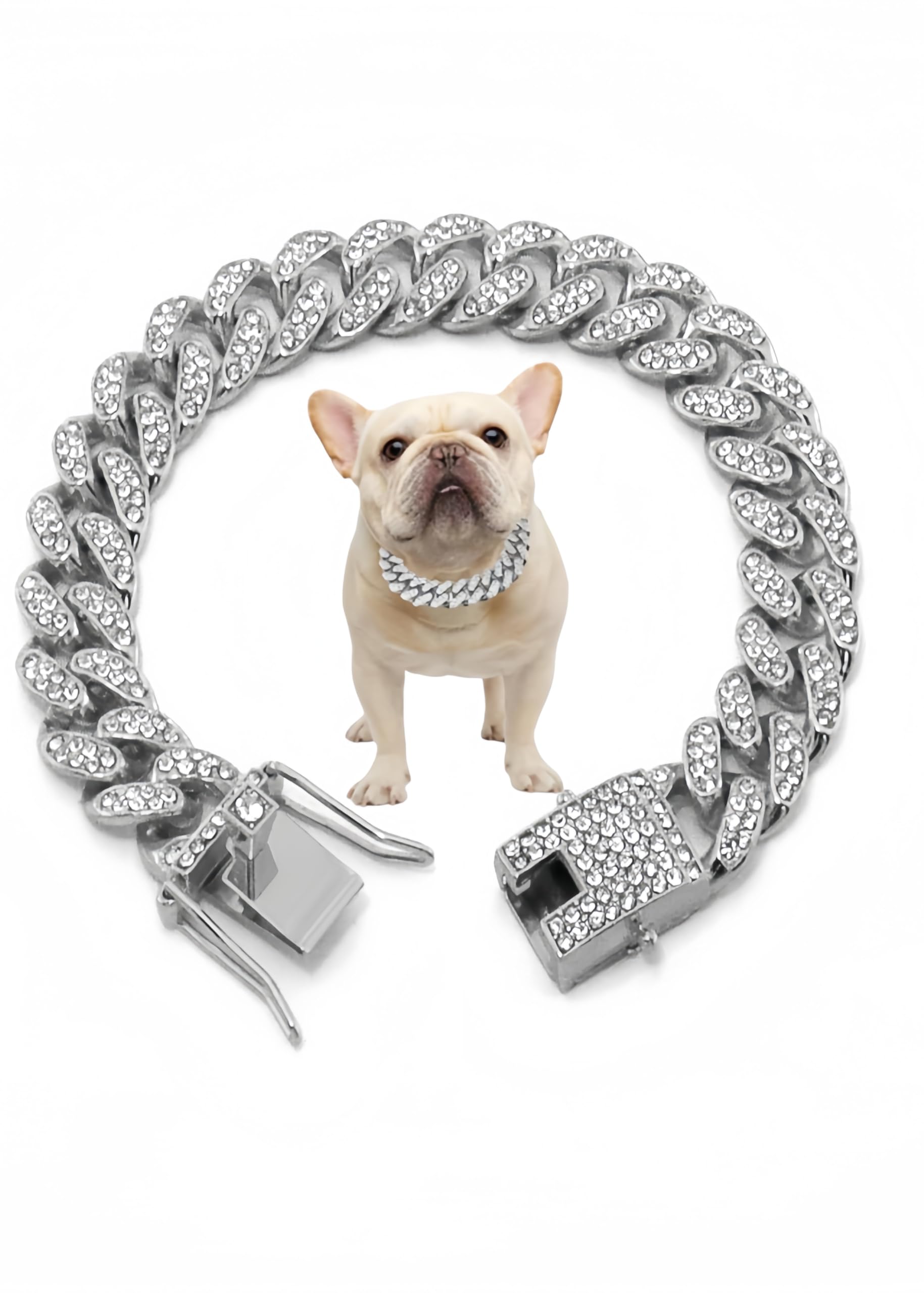 Silver Dog Chain Collar Cuban Link Cat Collar Crystal Dog Necklace Metal Jewelry Accessories for XXS XS Small Medium Large Pet Male Dogs Boy Kitten (8inch)