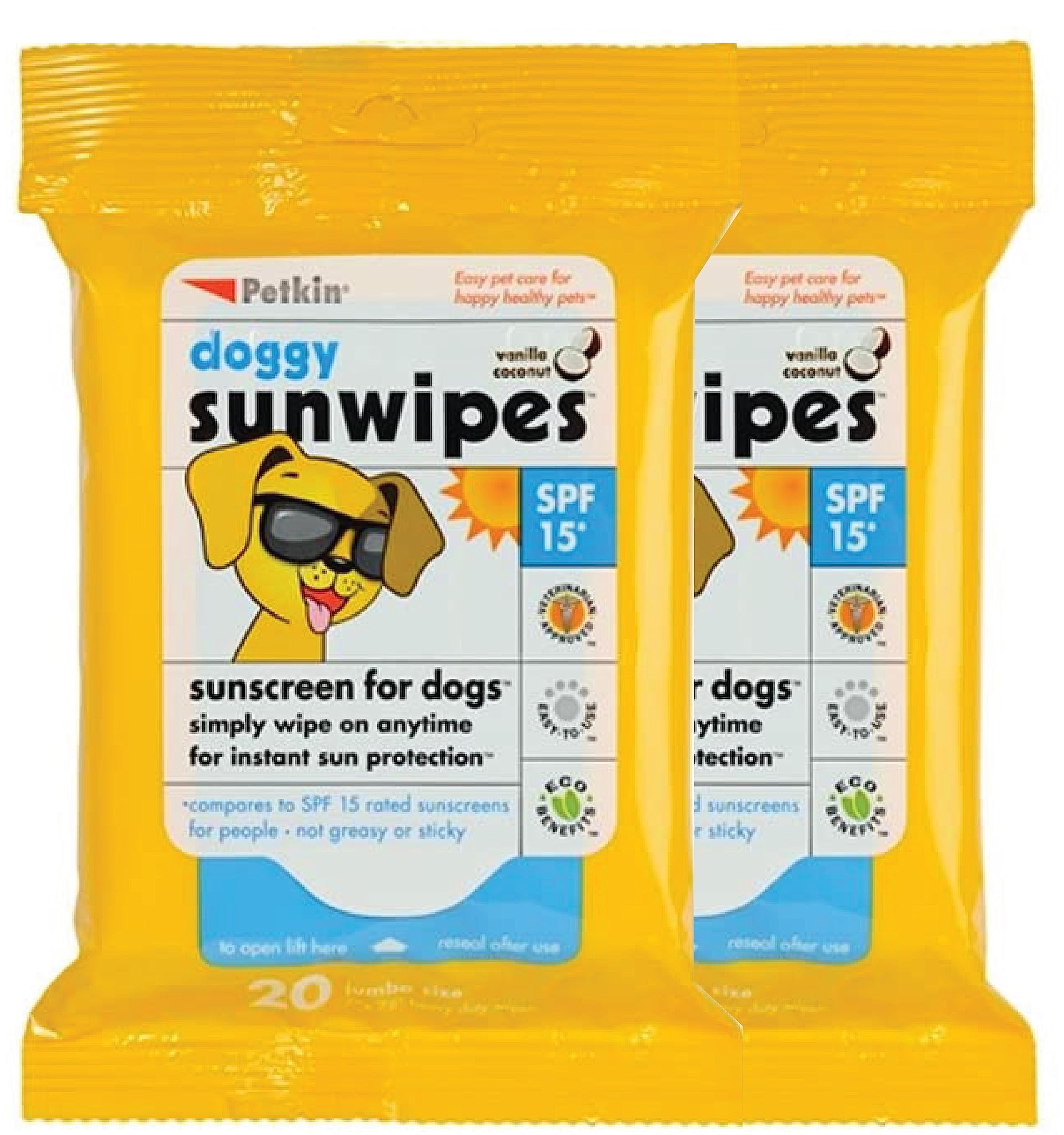 Petkin Dog Sunscreen Sunwipes (2-Pack) - Sunscreen for Dogs SPF 15 - Simply Wipe on Anytime for Instant Sun Protection - Includes 20 Jumbo Size Wipes Vanilla Coconut Scent - Ideal for Home or Travel