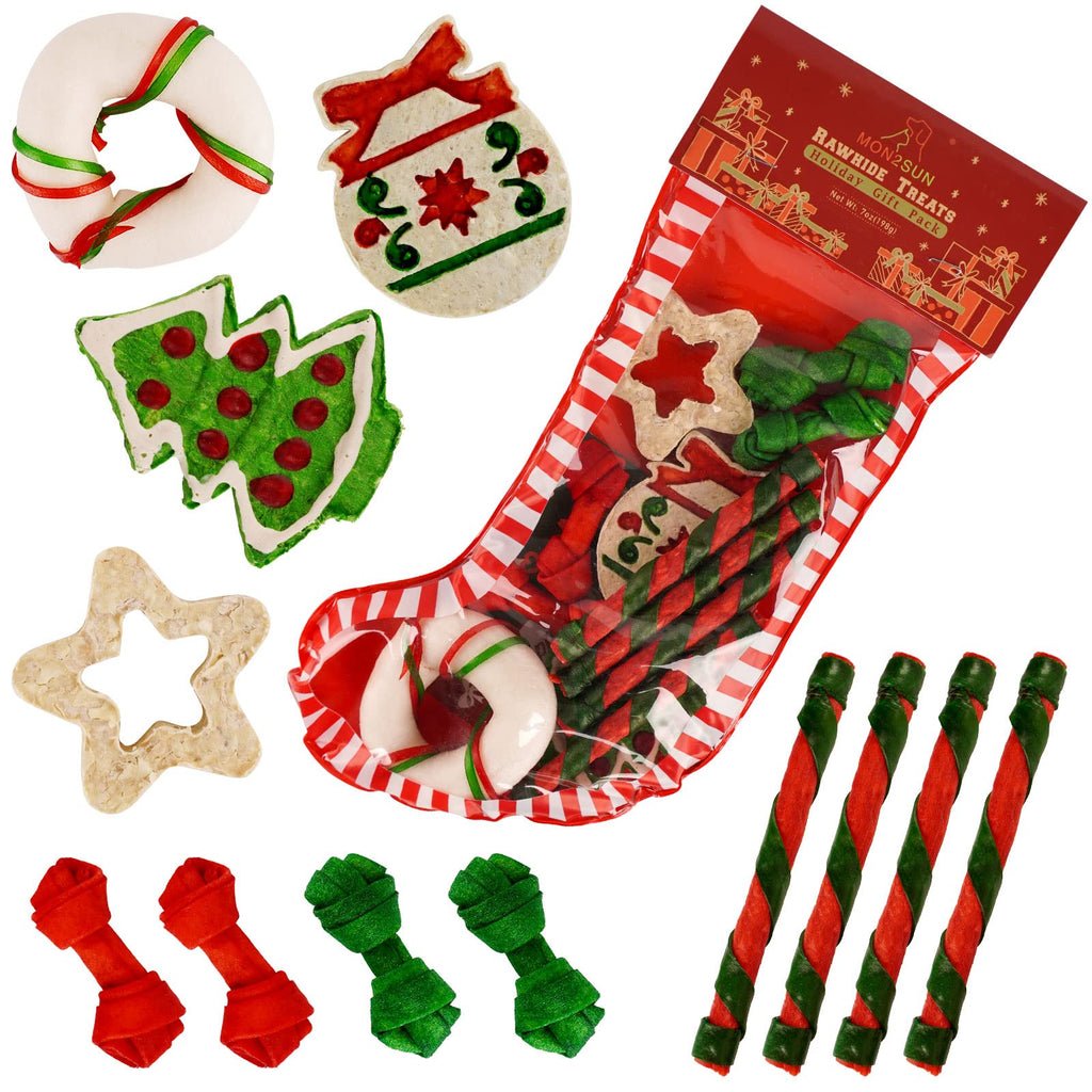 MON2SUN 12 Count Christmas Dog Rawhide Holiday Stocking for Small Dogs Treats for Dogs