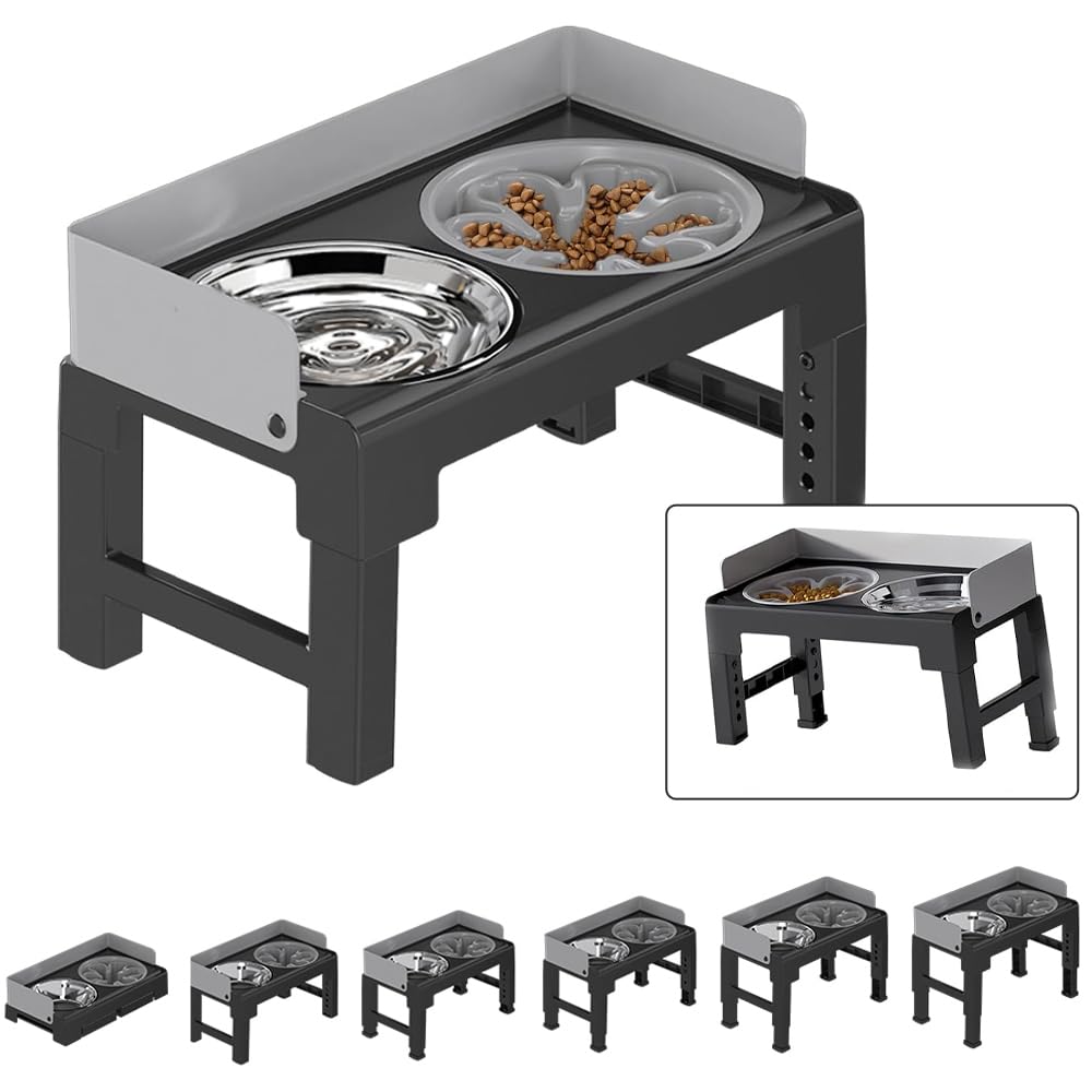 Marchul Spill Proof Elevated Dog Bowls Tiltable Raised Dog Bowls with 1 Stainless Steel Bowl &1 Slow Feeder Dog Bowl No Spill 6 Height Adjustable Dog Bowl Stand for Small Medium Large Dogs