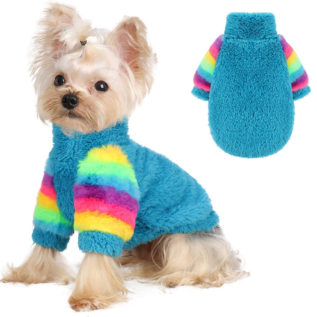 Sebaoyu Dog Sweater for Small Dog Winter Warm Fleece Dog Sweater Turtleneck Dog Sweatshirt Dog Clothes Boy Girls Pet Pullover with Rainbow Sleeves Cat Apparel Stretchy Outfit(Blue XXS)
