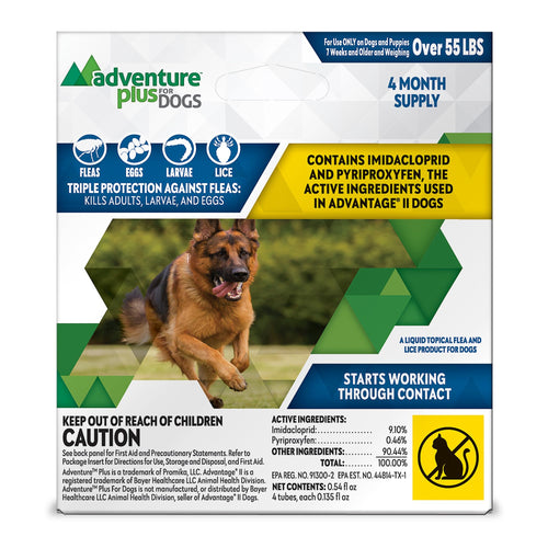 Adventure Plus Triple Flea Protection for Dogs – Spot on Flea & Tick Prevention for Dogs – For Extra Large Dogs 55+lbs – 4 Doses
