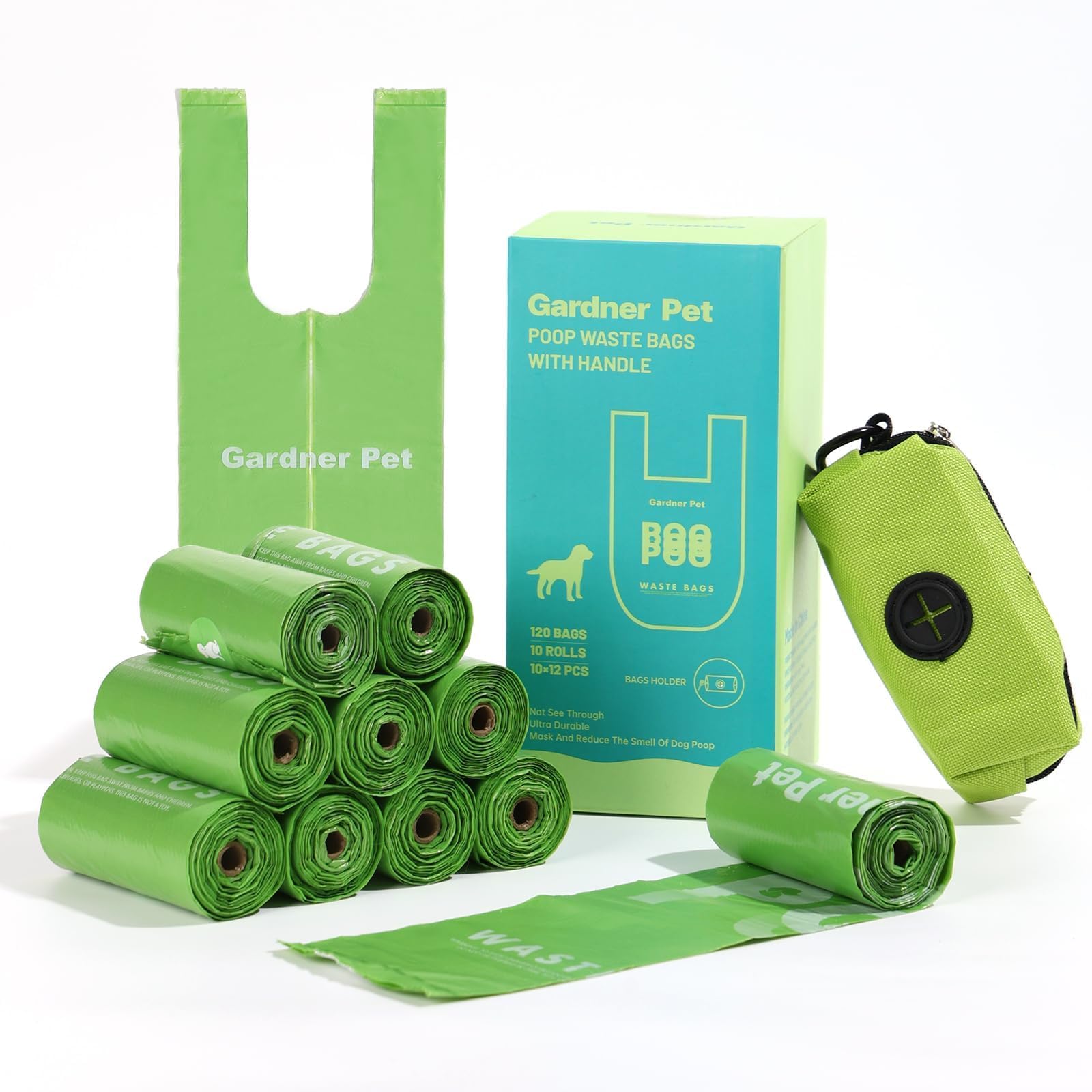 Dog Poop Bags with Handles 10 Rolls 120 Counts Pine Scented Dog Waste Bags with Dispenser Leak Proof and Extra Thick Easy-Tie Pet Poop Bags with Holder for Dogs Puppies Cats Kitten