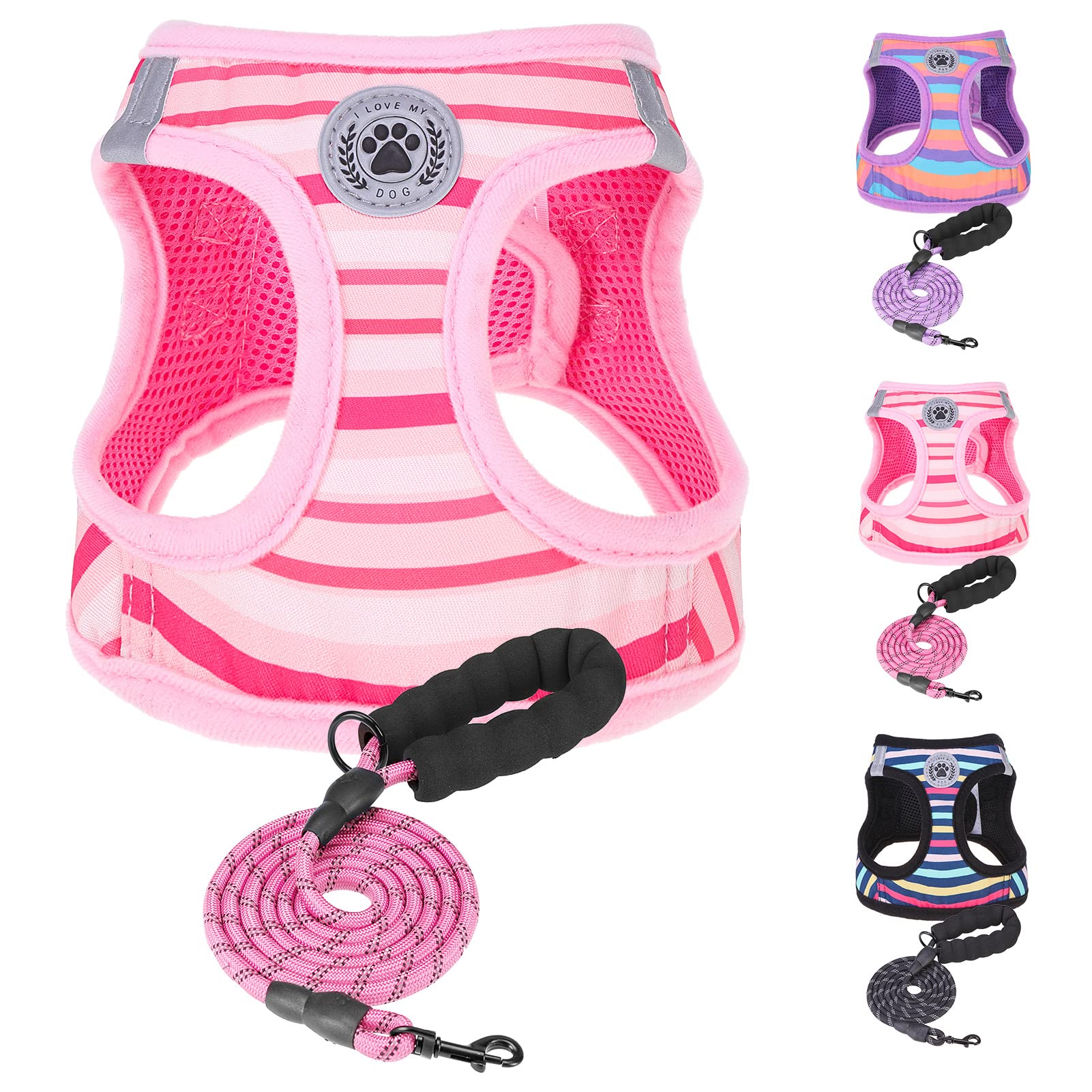 BEAUTYZOO Dog Harness and Leash Set for Small DogsNo Pull Step-in Harness for Puppy XS S Sized Dogs and CatsAir Mesh Adjustable Breathable Soft No Chock Escape Proof Vest HarnessesStriped Pink XXS