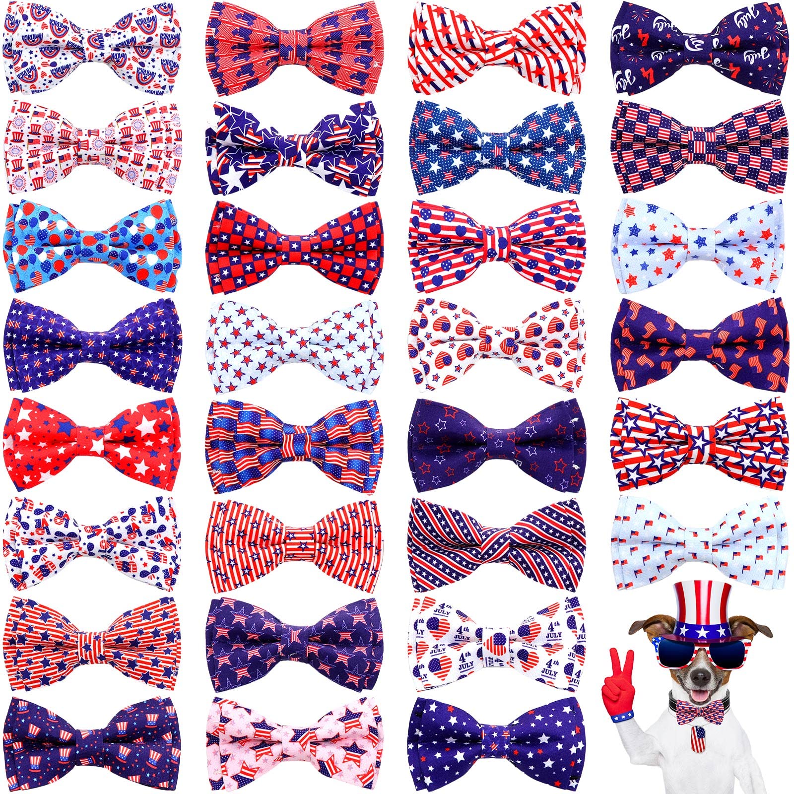 Sumind 30 Pcs 4th of July Dog Bows Ties Patriotic Collar Star Bows Bow Ties Attachment with Elastic Bands Independence Day Dog Collar Detachable Charms for Dogs Pet Collar Accessories