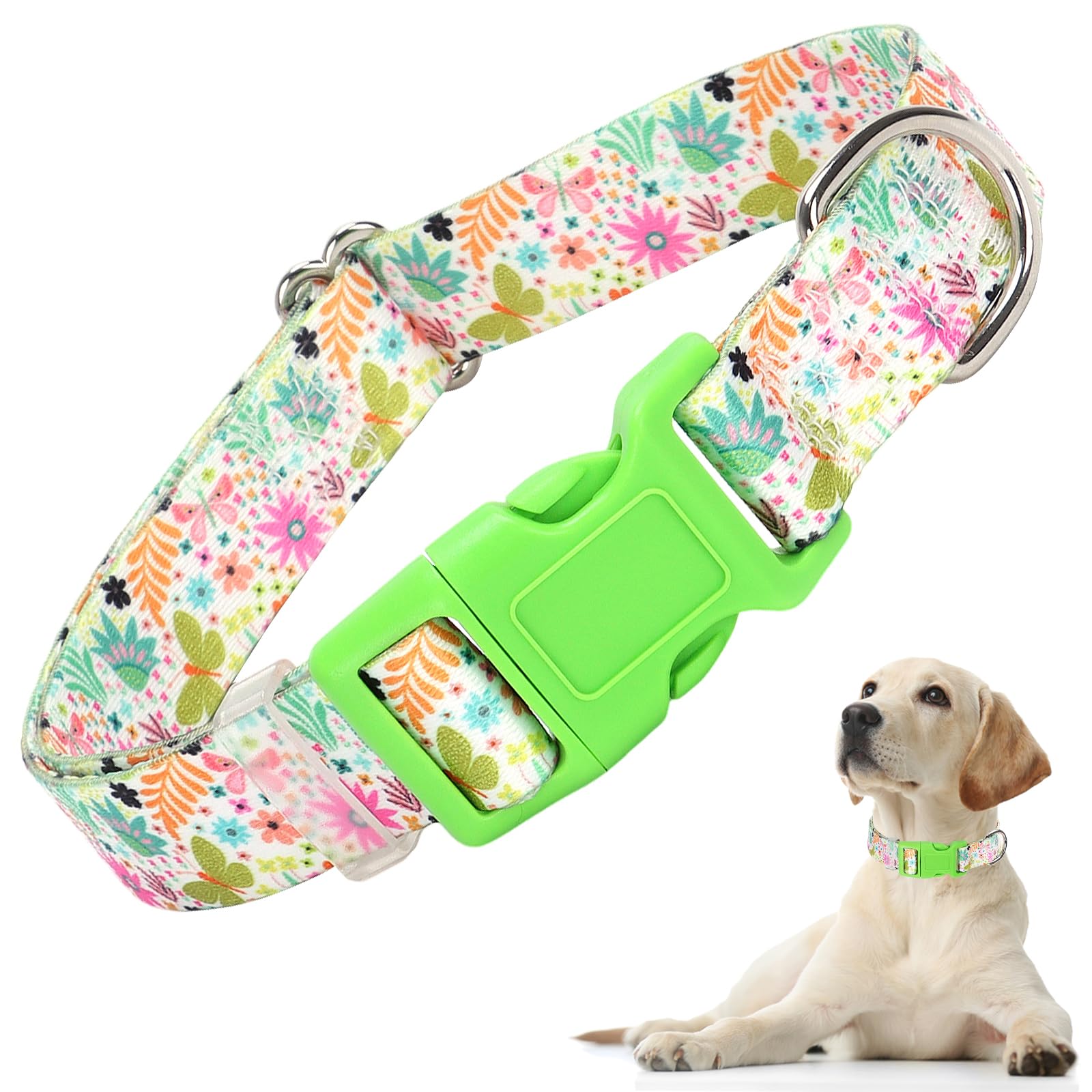 Dog Collar for Medium Dogs Summer Spring Flower Florals Dog Collar for Boy & Girl Dogs Adjustable Heavy Duty Nylon Collar with Quick-Release Buckle for Small Medium Large Dogs (M)