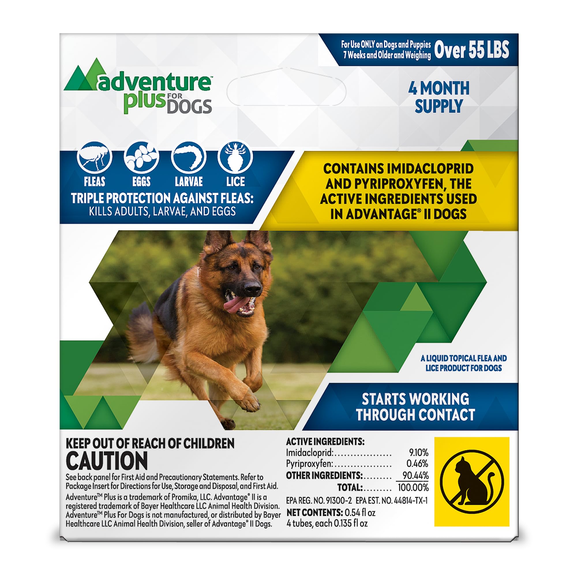 Adventure Plus Triple Flea Protection for Dogs – Spot on Flea & Tick Prevention for Dogs – For Extra Large Dogs 55+lbs – 4 Doses