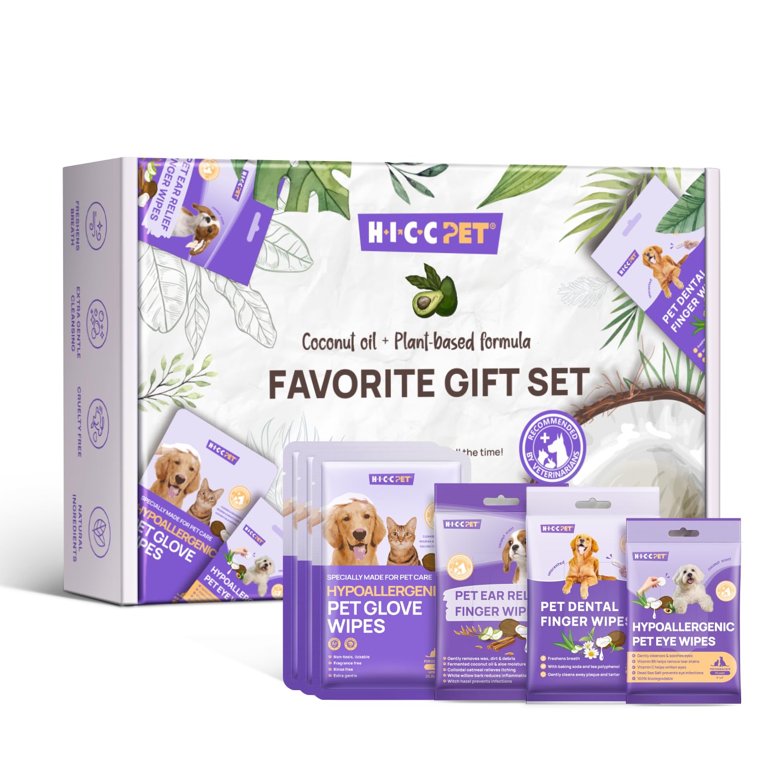 HICC PET Essential Wipes Kit for Dogs & Cats - Hypoallergenic Pet Cleaning Wipes for Teeth Ears Eyes Body - Dog Supplies Cleaning Deodorizing Wipes - Coconut Oil Grooming Wipes for Dogs and Cats