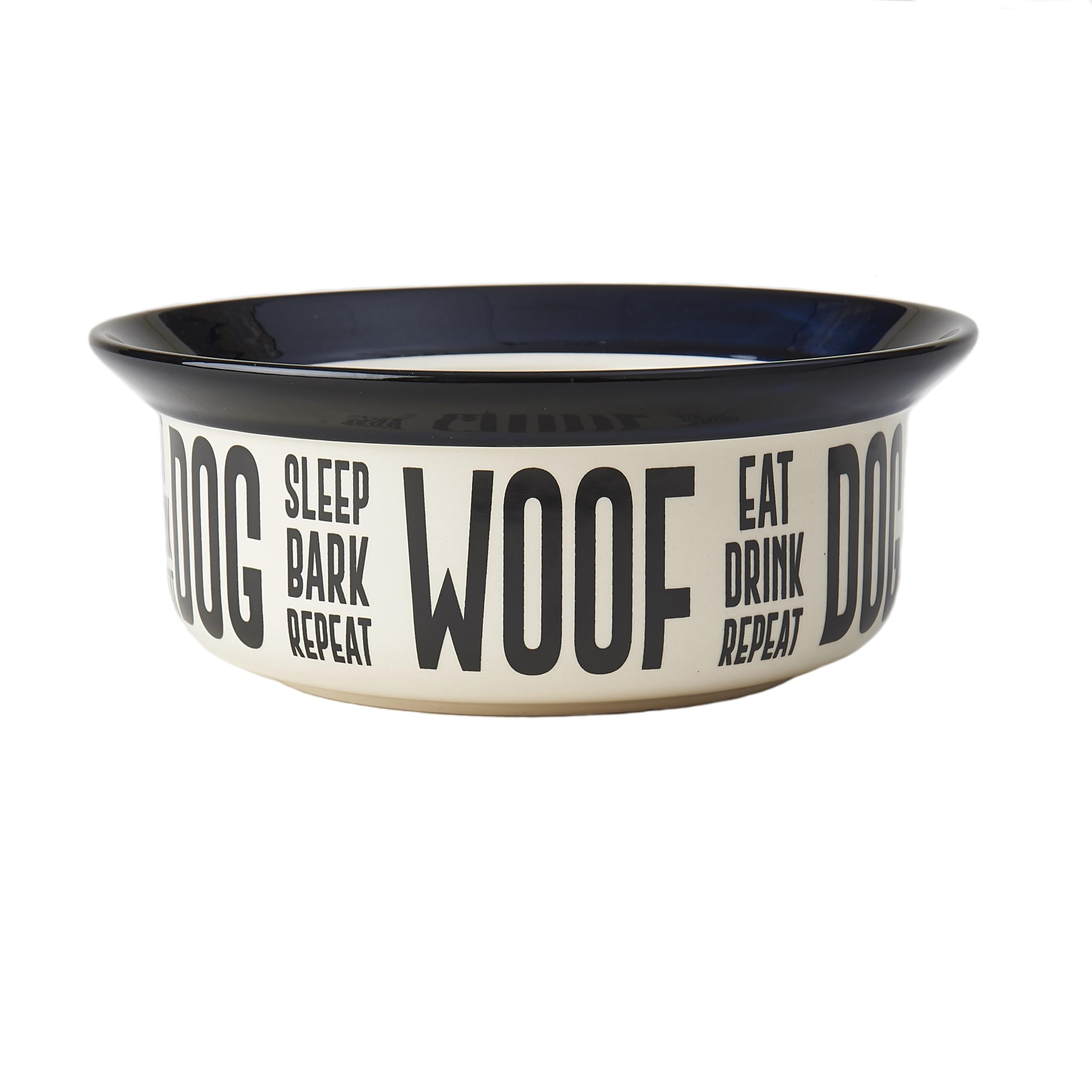 PetRageous 17001 Eat Drink Repeat Two-Tone Stoneware Dishwasher Safe Dog Bowl 4-Cup 8.18-Inch Diameter 3-Inch Tall for Medium and Large Dogs and Cats Off-White (Pack of 1)