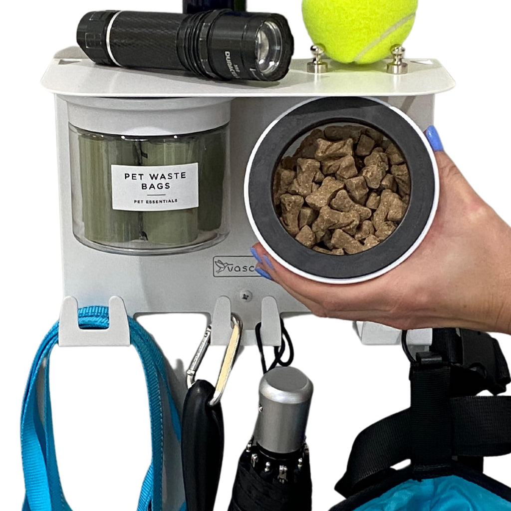 Vascito Premium Dog Leash Holder for Wall With Shelf and 9" Dog Shelf Dog Hooks and 2 Small Airtight Dog Treat Containers Dog Stuff Organizer and Storage Dog Accessories New Puppy Essentials